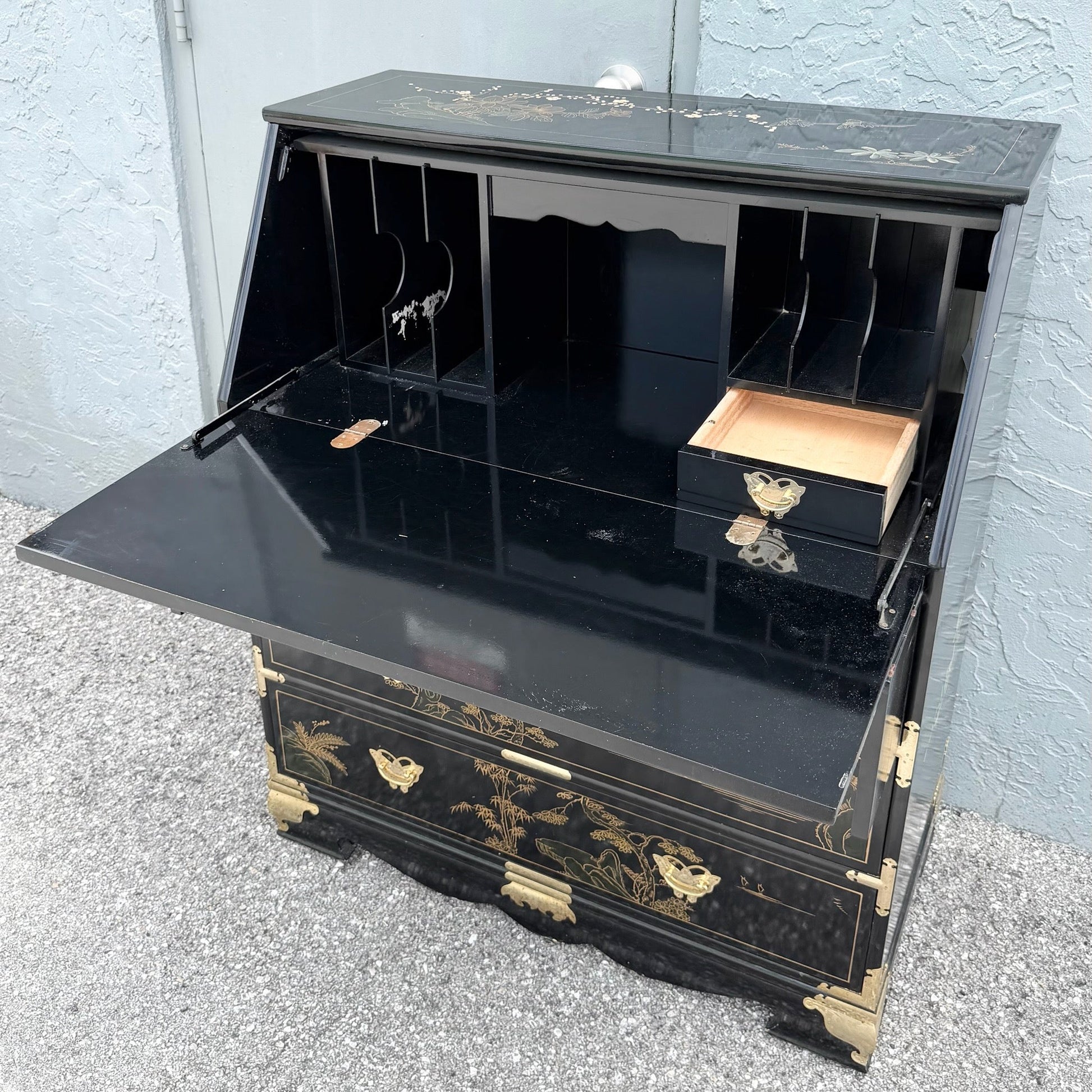 Chinese Black Lacquered and Hand-Painted Secretary Desk Dolphin & Flamingo