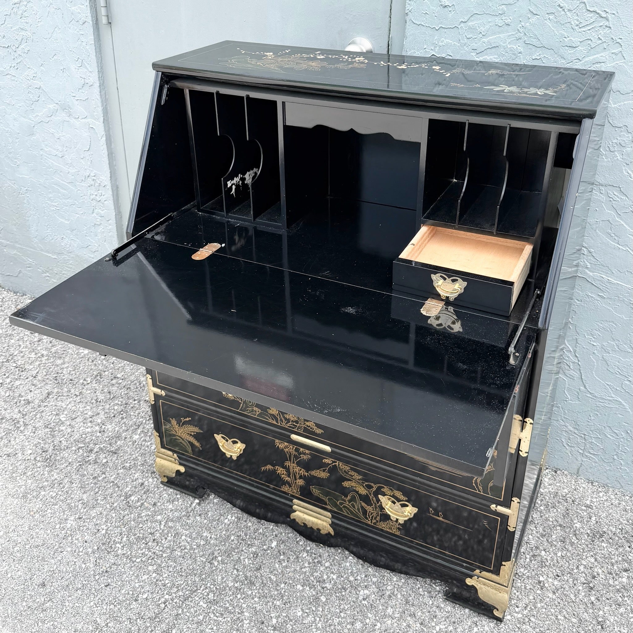 Chinese Black Lacquered and Hand-Painted Secretary Desk Dolphin & Flamingo