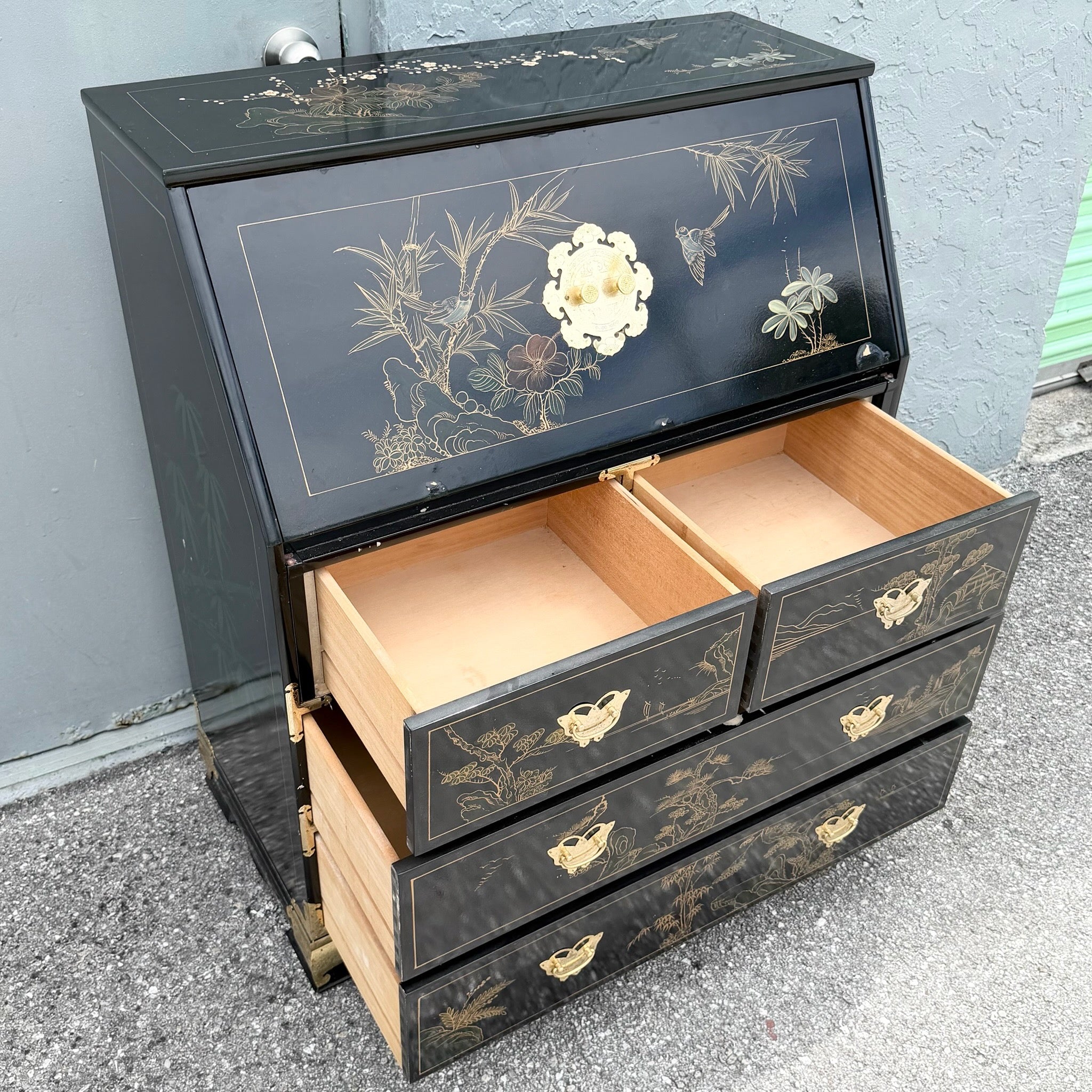 Chinese Black Lacquered and Hand-Painted Secretary Desk Dolphin & Flamingo
