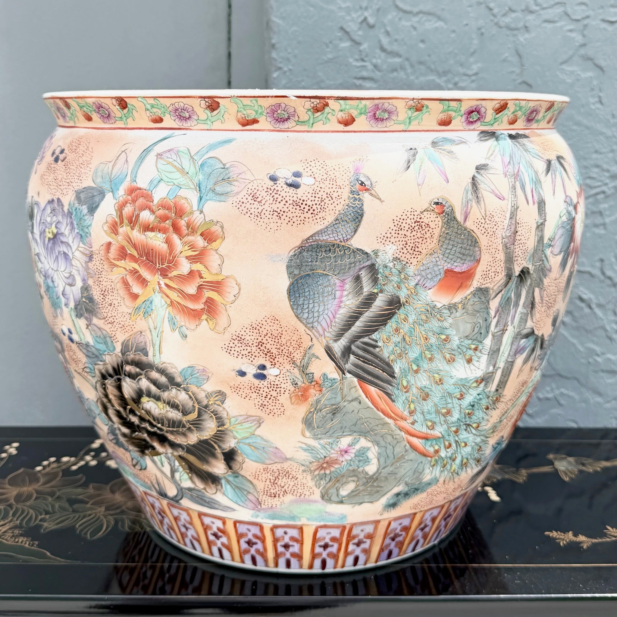 Vintage Chinese Hand Painted Porcelain Fish Bowl Vase Dolphin & Flamingo