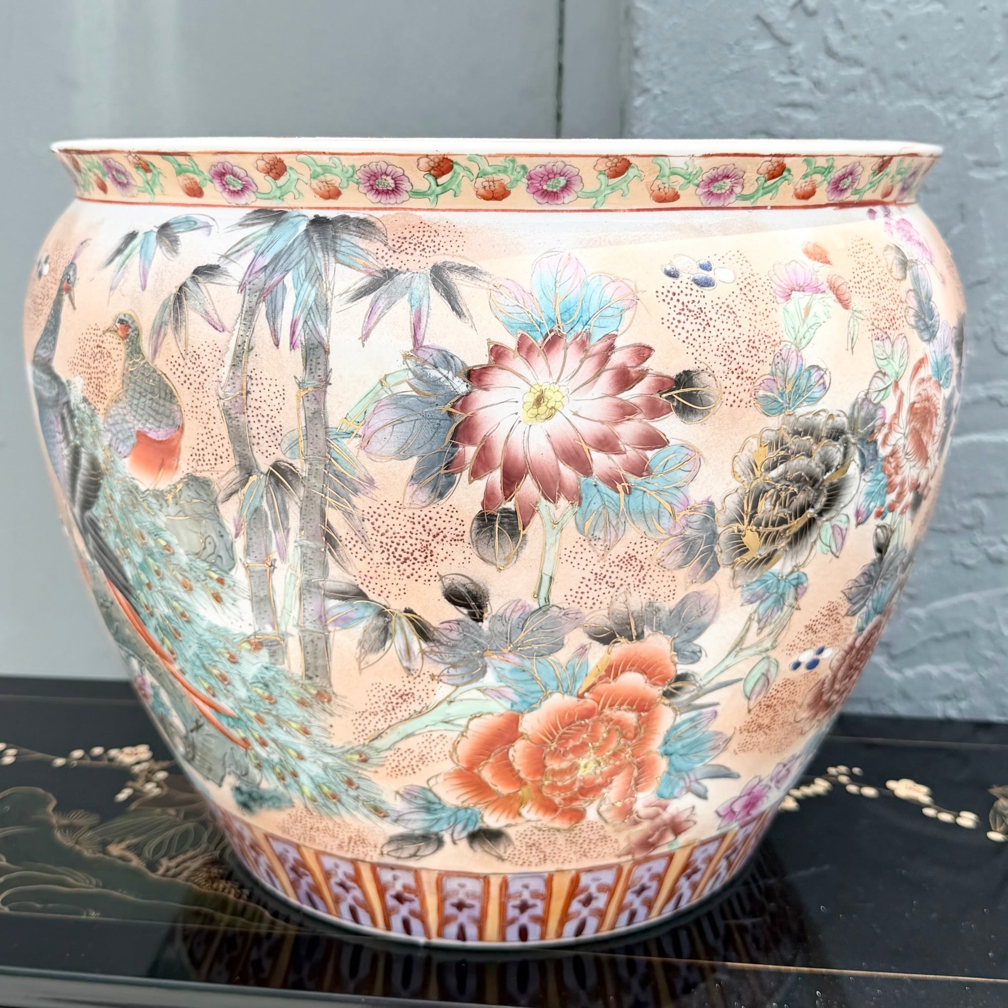 Vintage Chinese Hand Painted Porcelain Fish Bowl Vase Dolphin & Flamingo