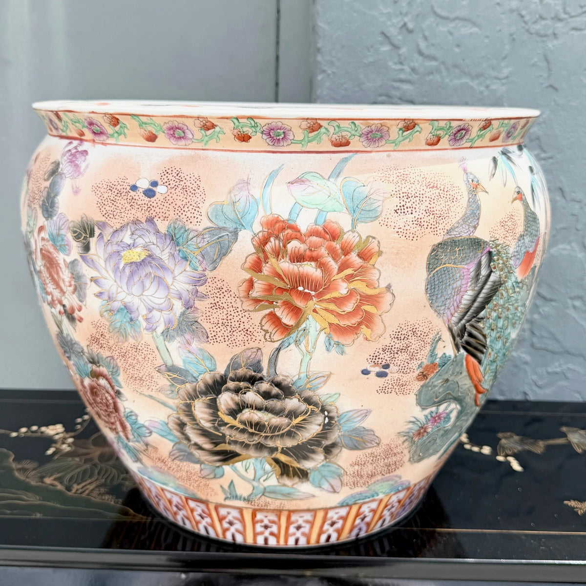 Vintage Chinese Hand Painted Porcelain Fish Bowl Vase Dolphin & Flamingo