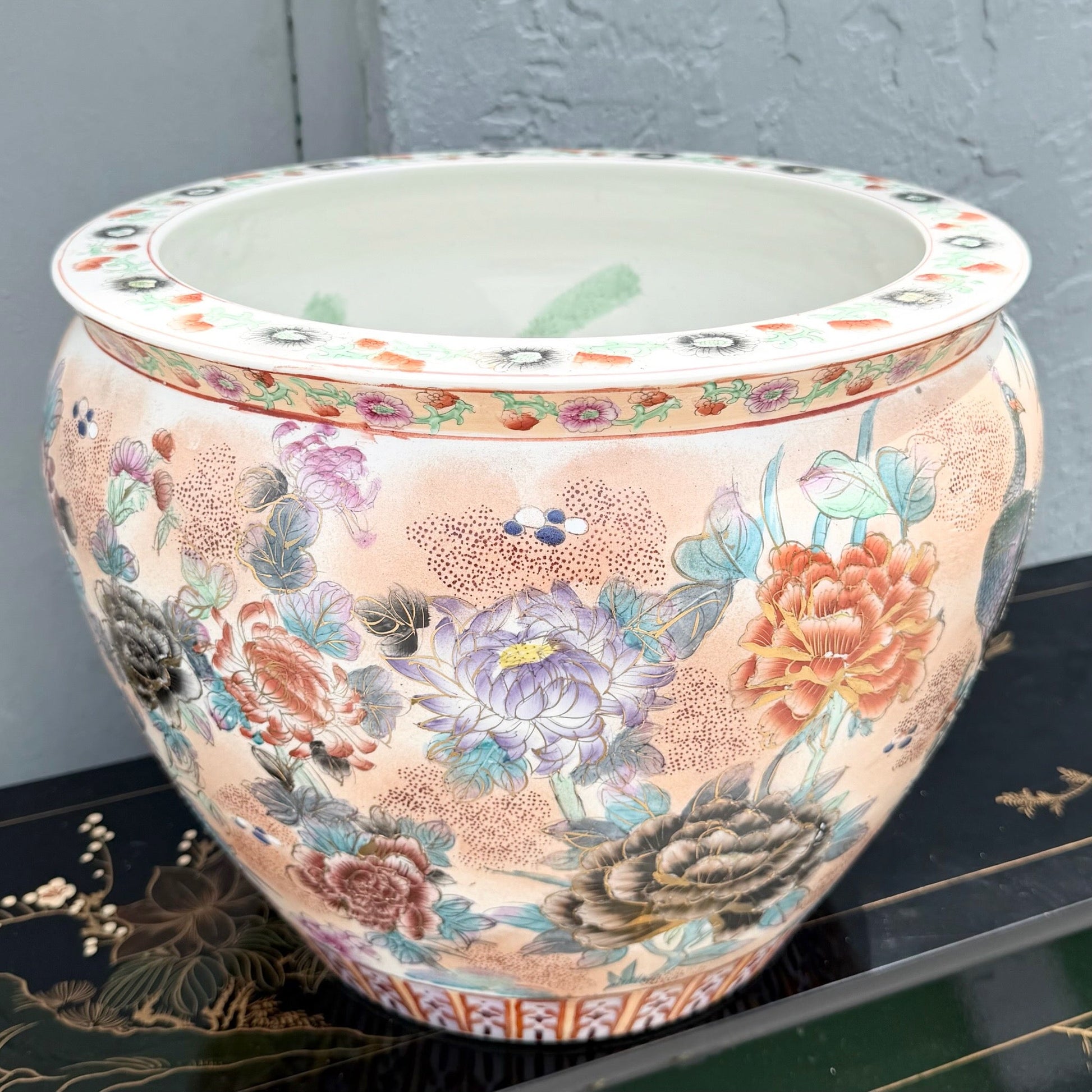 Vintage Chinese Hand Painted Porcelain Fish Bowl Vase Dolphin & Flamingo