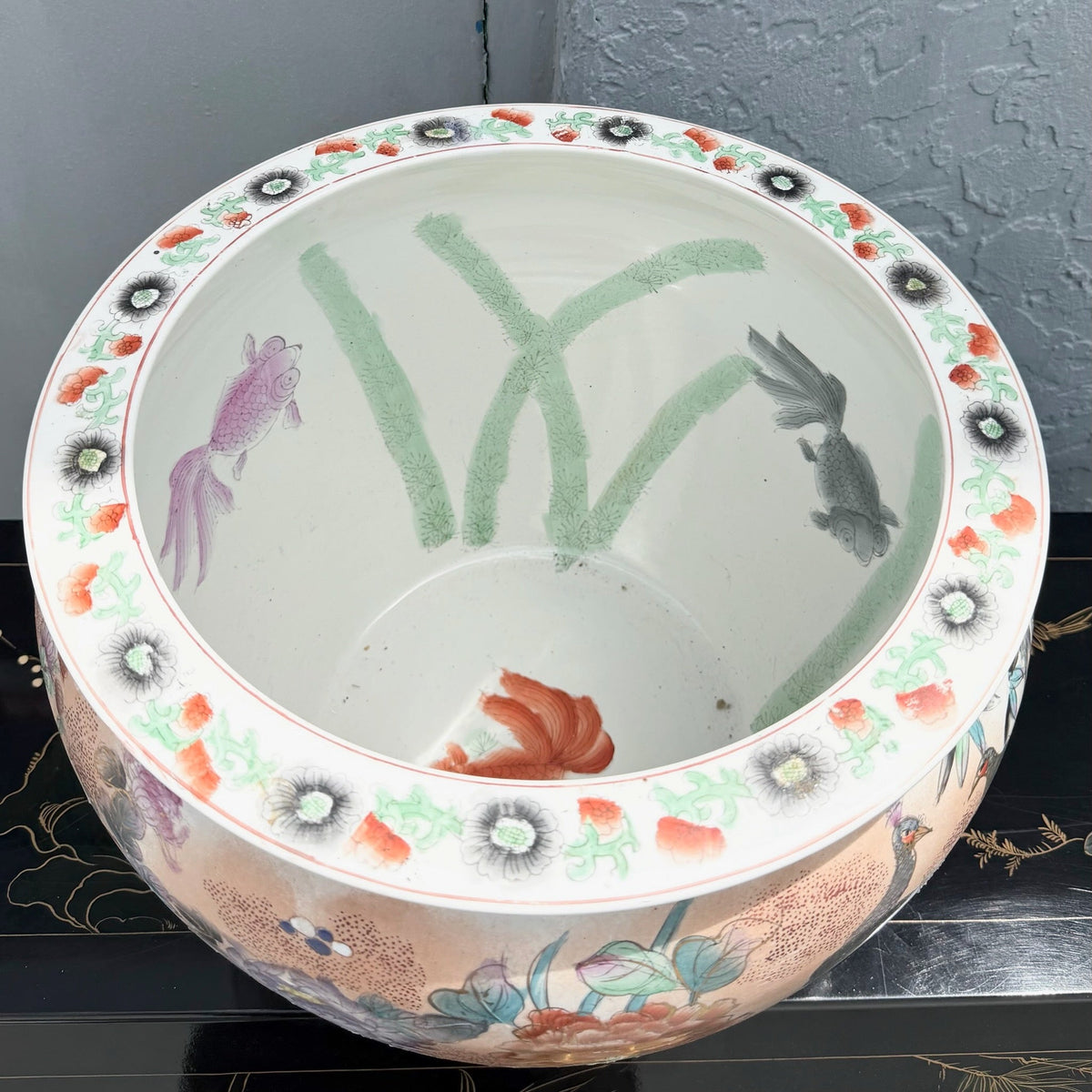 Vintage Chinese Hand Painted Porcelain Fish Bowl Vase Dolphin & Flamingo