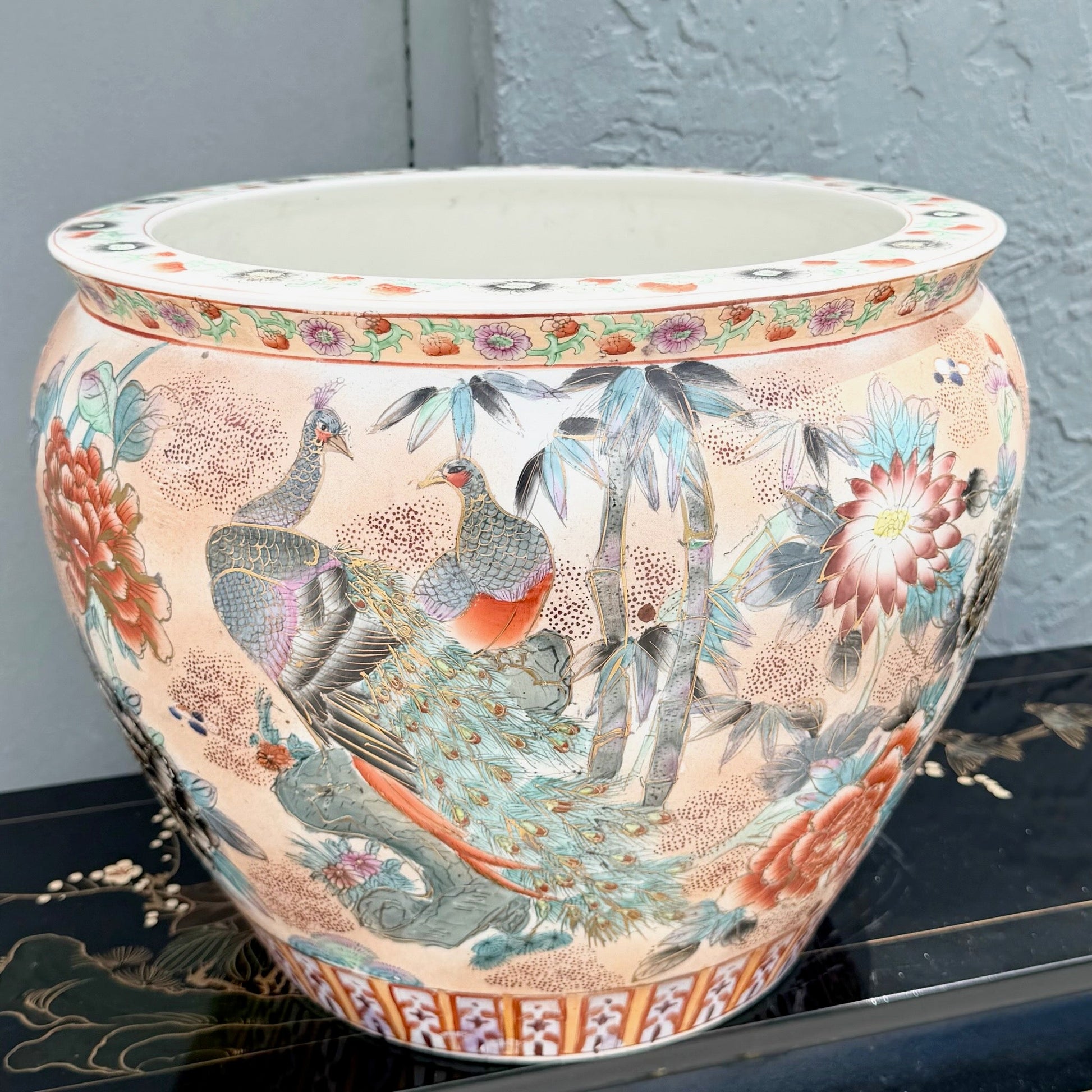 Vintage Chinese Hand Painted Porcelain Fish Bowl Vase Dolphin & Flamingo