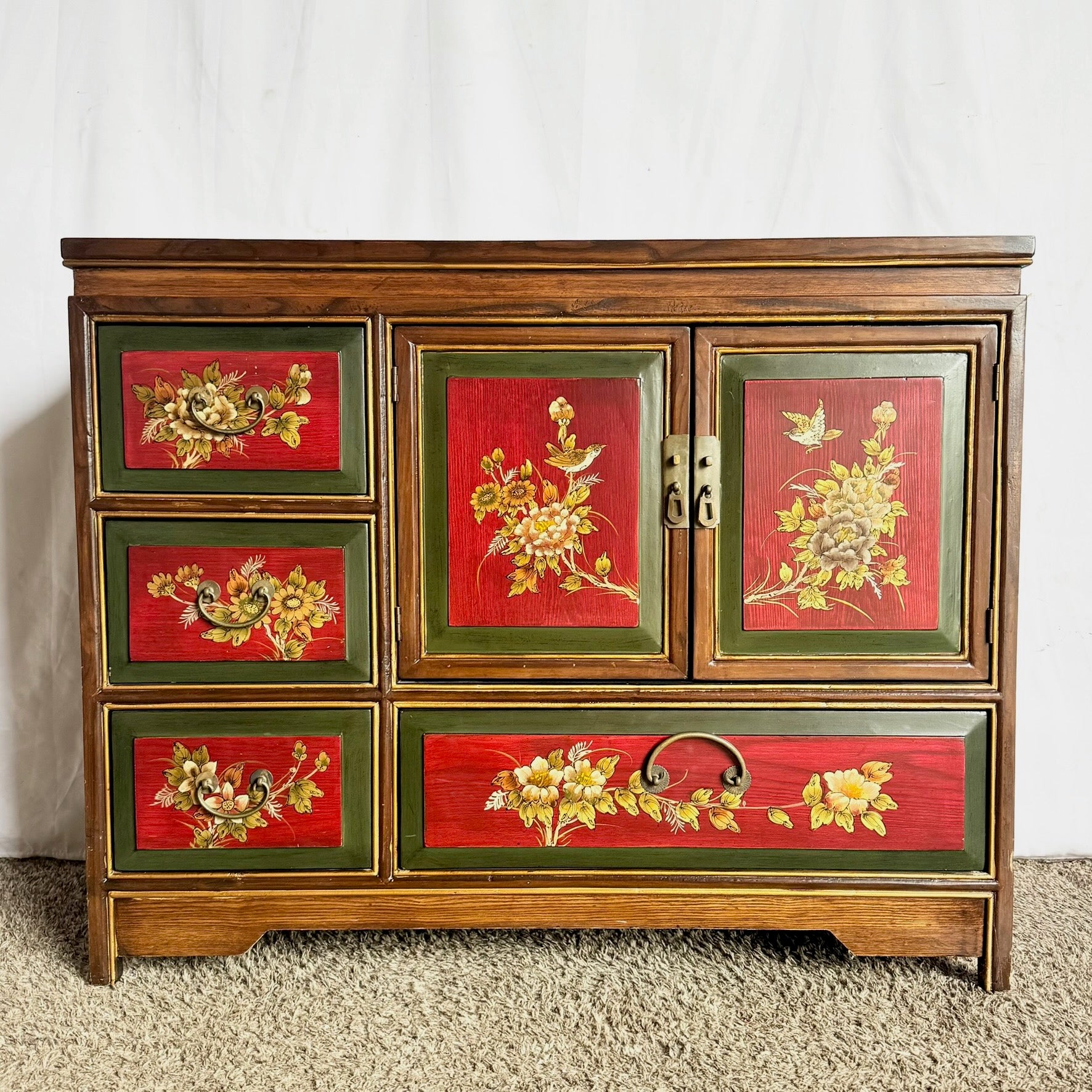 Vintage Chinese Hand Painted Red Side Board