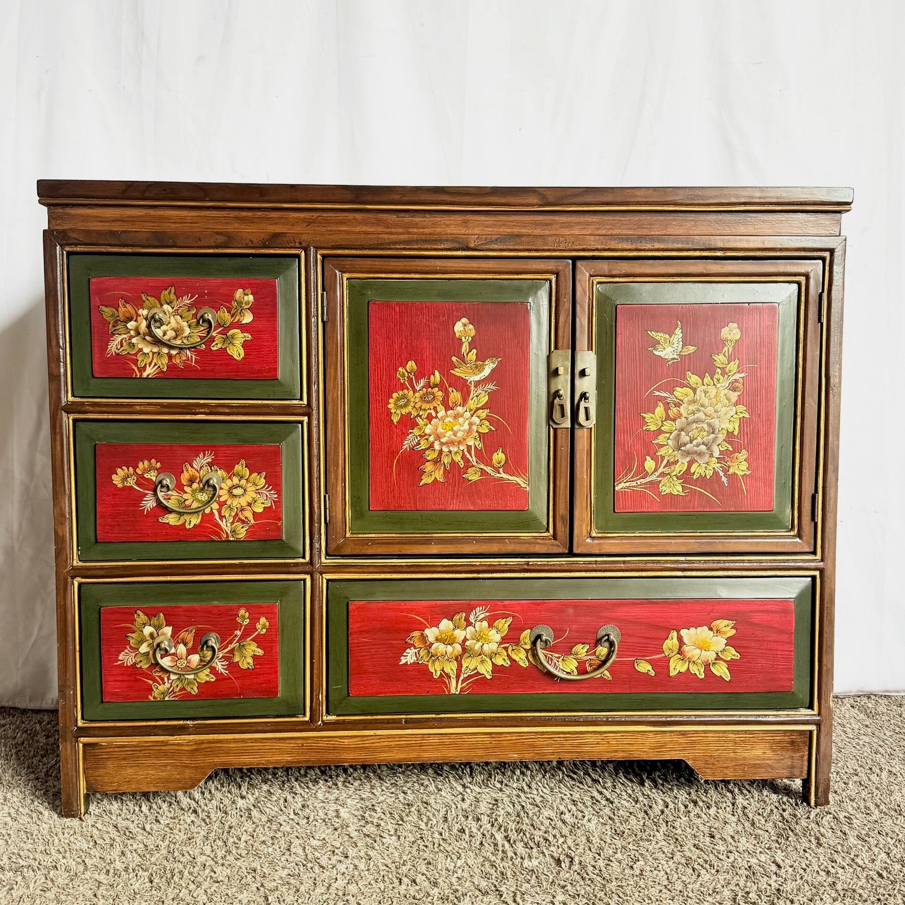 Vintage Chinese Hand Painted Red Side Board