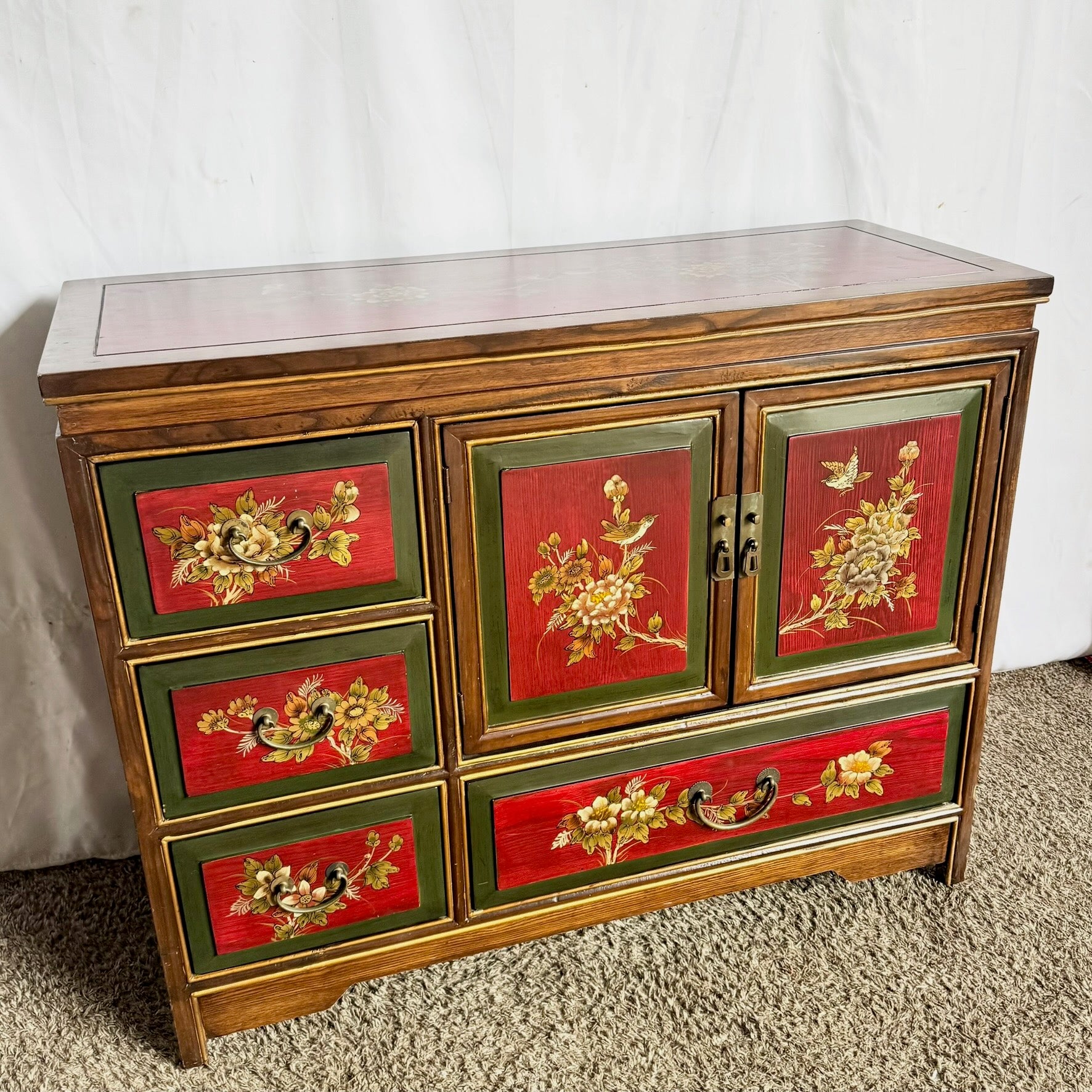 Vintage Chinese Hand Painted Red Side Board