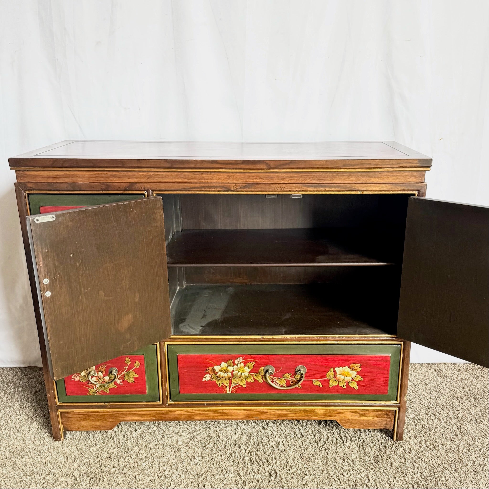Vintage Chinese Hand Painted Red Side Board