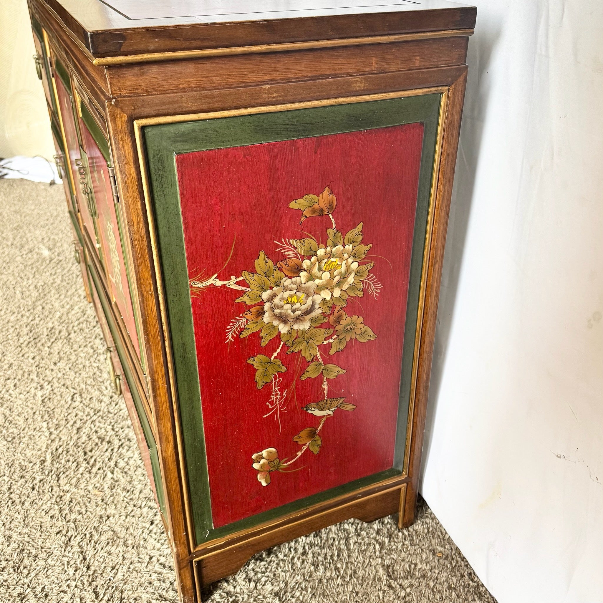 Vintage Chinese Hand Painted Red Side Board