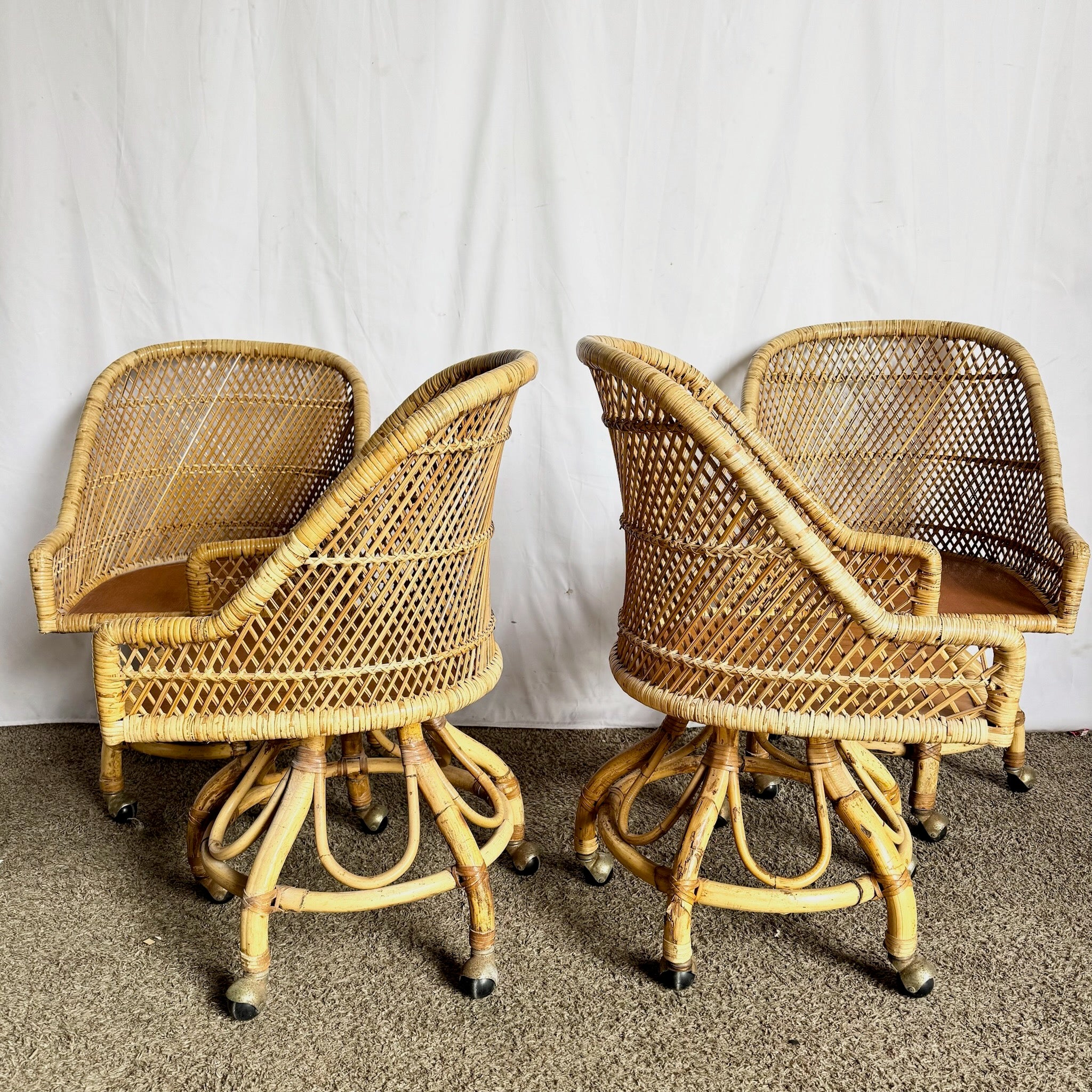 Vintage Boho Chic Wicker Dining Barrel Chairs - Set of 4