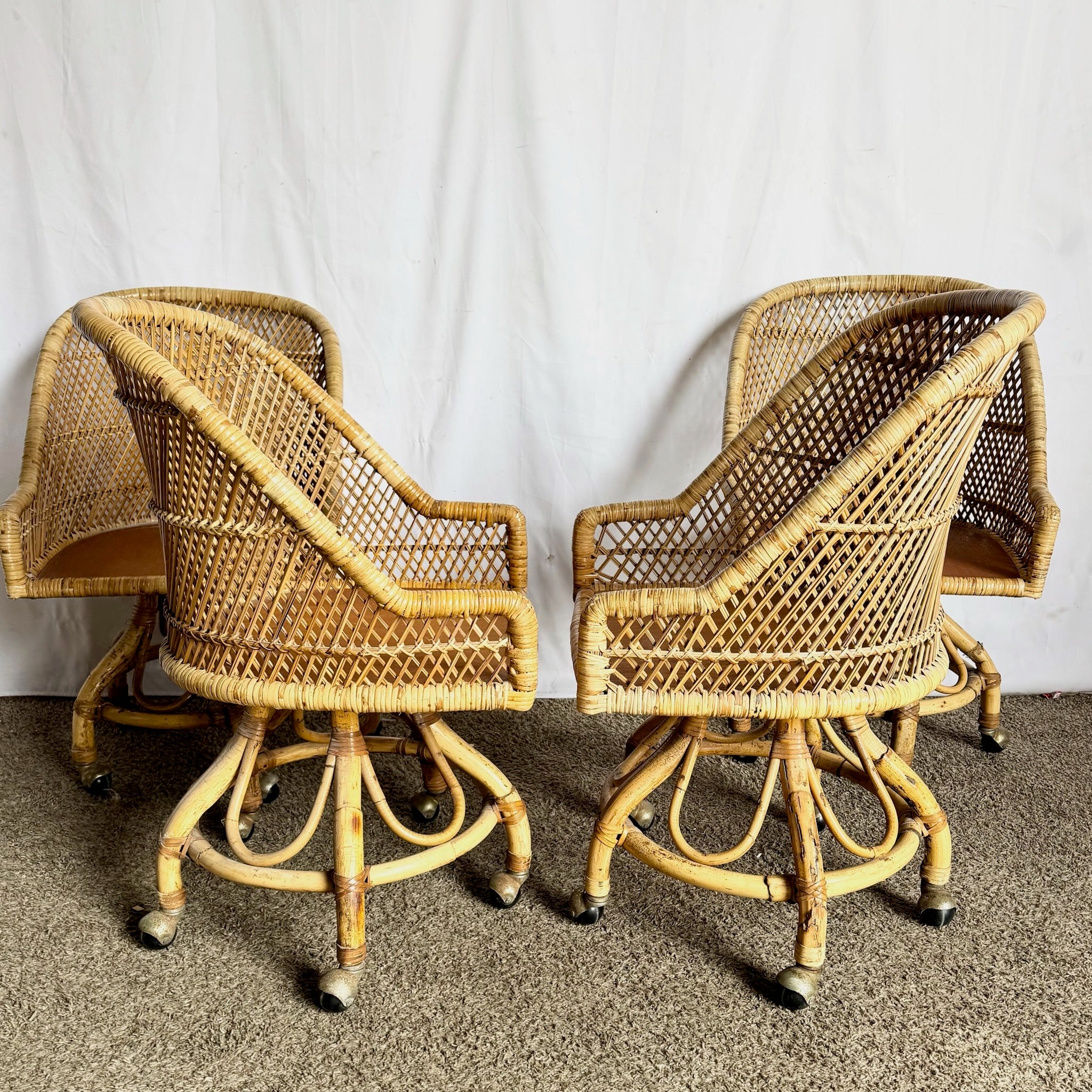 Vintage Boho Chic Wicker Dining Barrel Chairs - Set of 4
