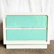 Postmodern White and Turquoise Lacquer Laminate Waterfall Nightstand