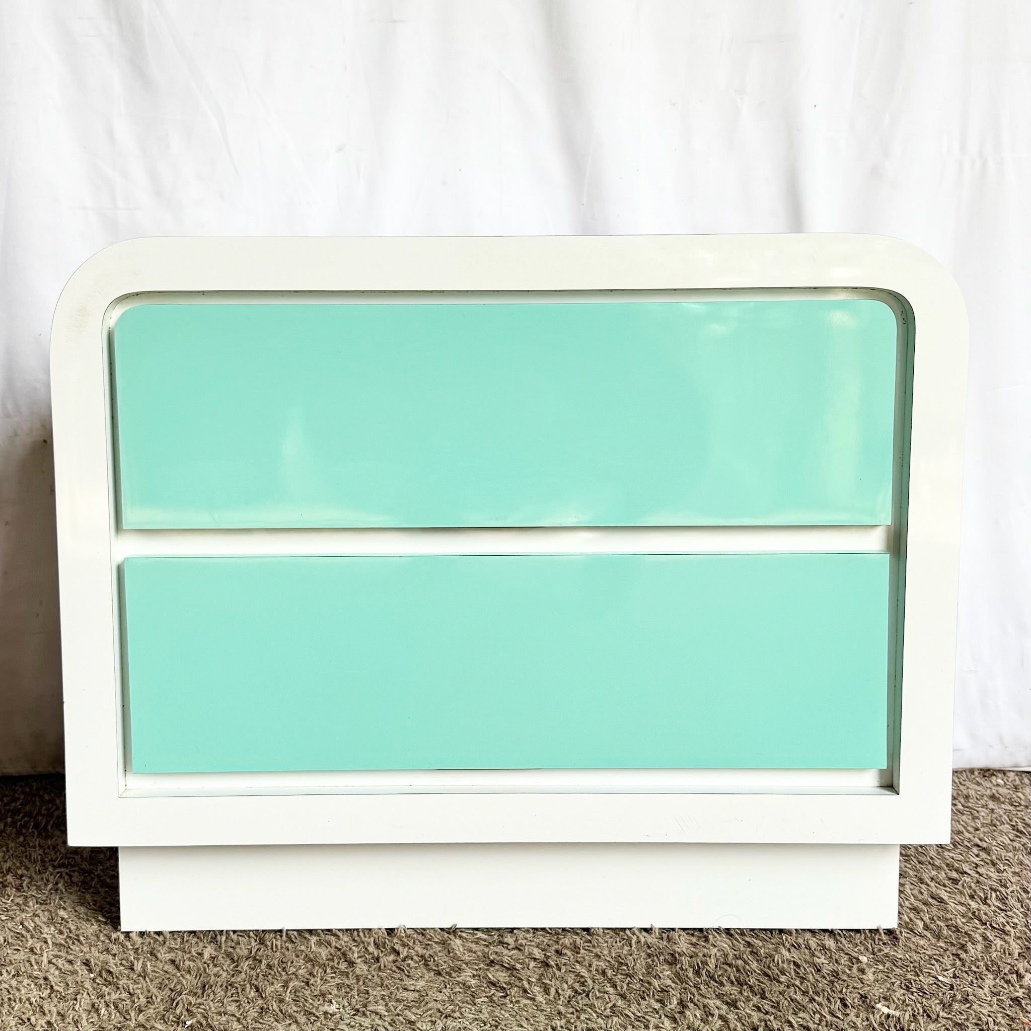 Postmodern White and Turquoise Lacquer Laminate Waterfall Nightstand