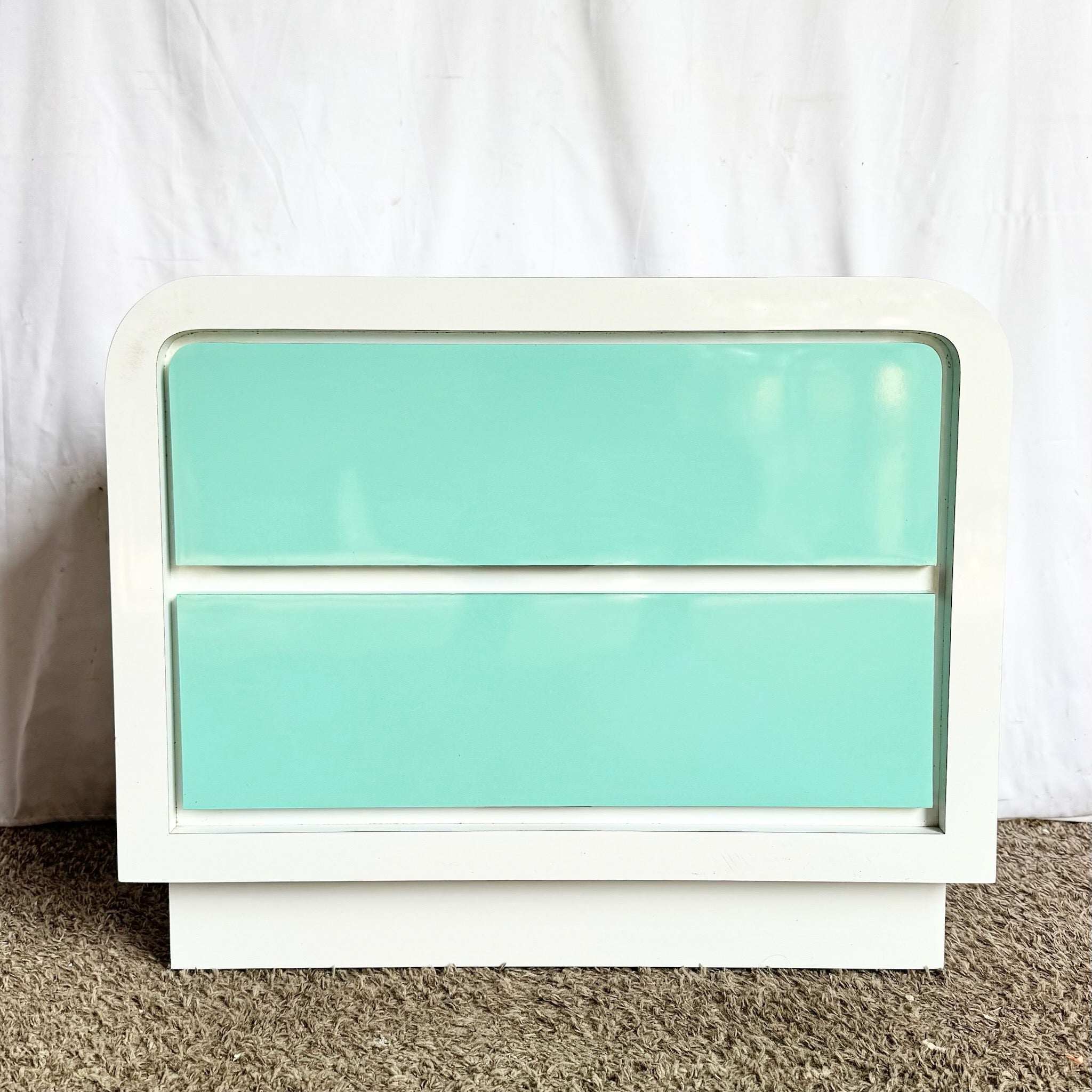 Postmodern White and Turquoise Lacquer Laminate Waterfall Nightstand