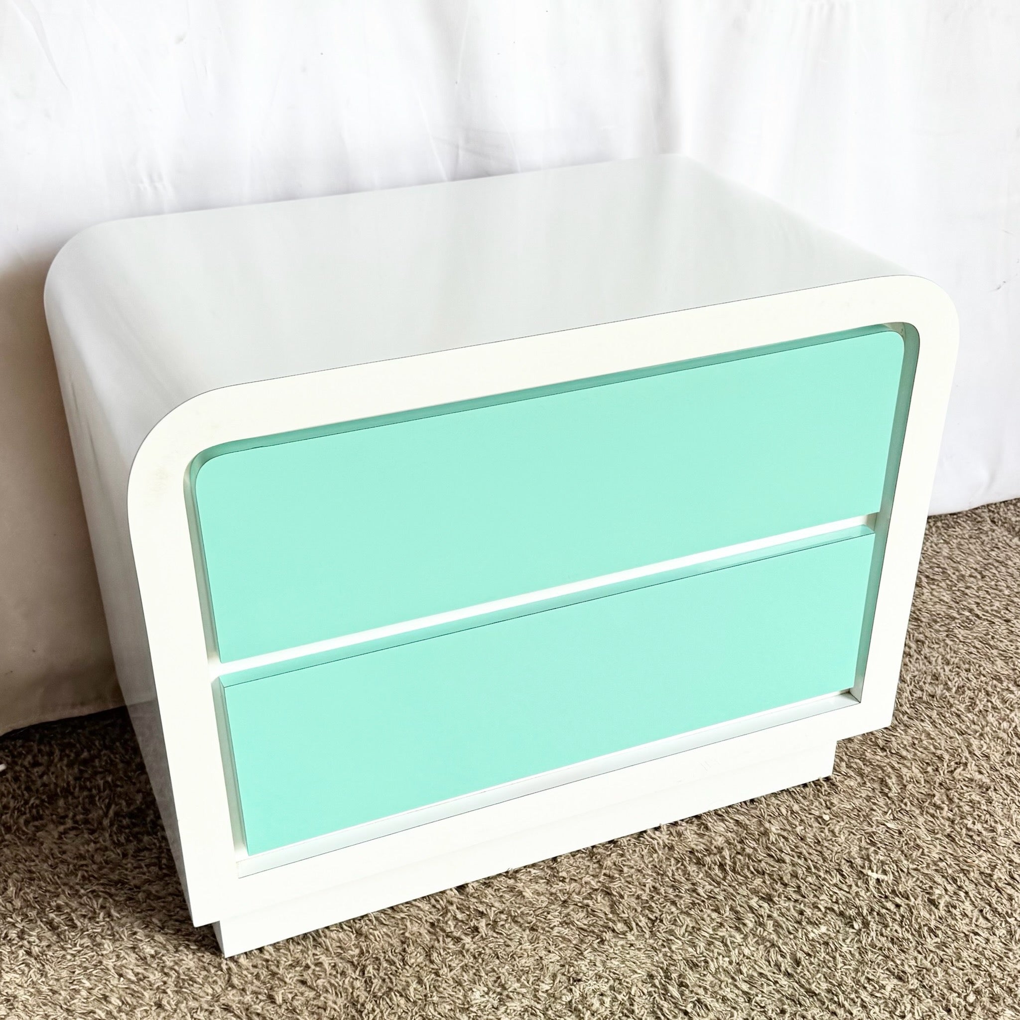 Postmodern White and Turquoise Lacquer Laminate Waterfall Nightstand