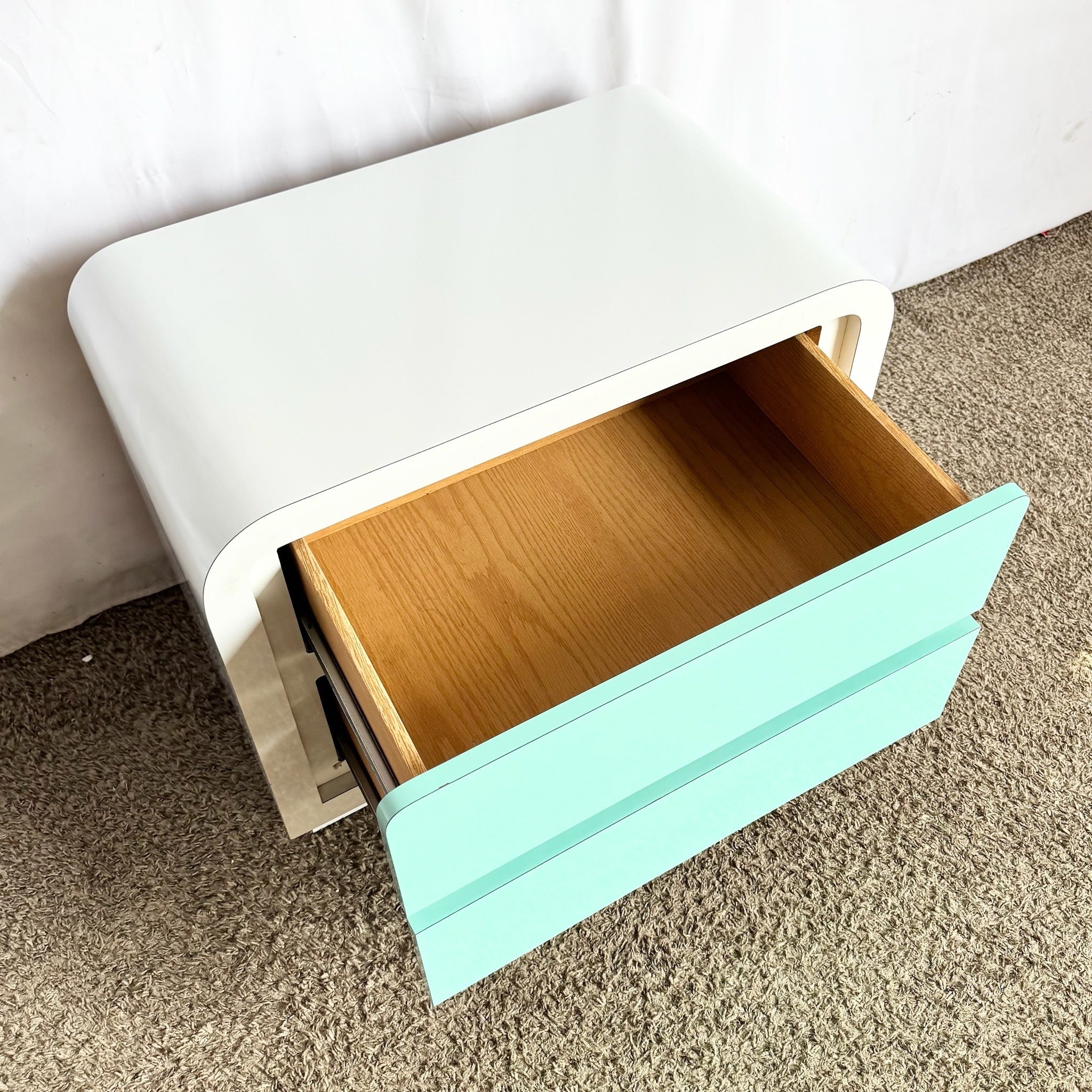 Postmodern White and Turquoise Lacquer Laminate Waterfall Nightstand