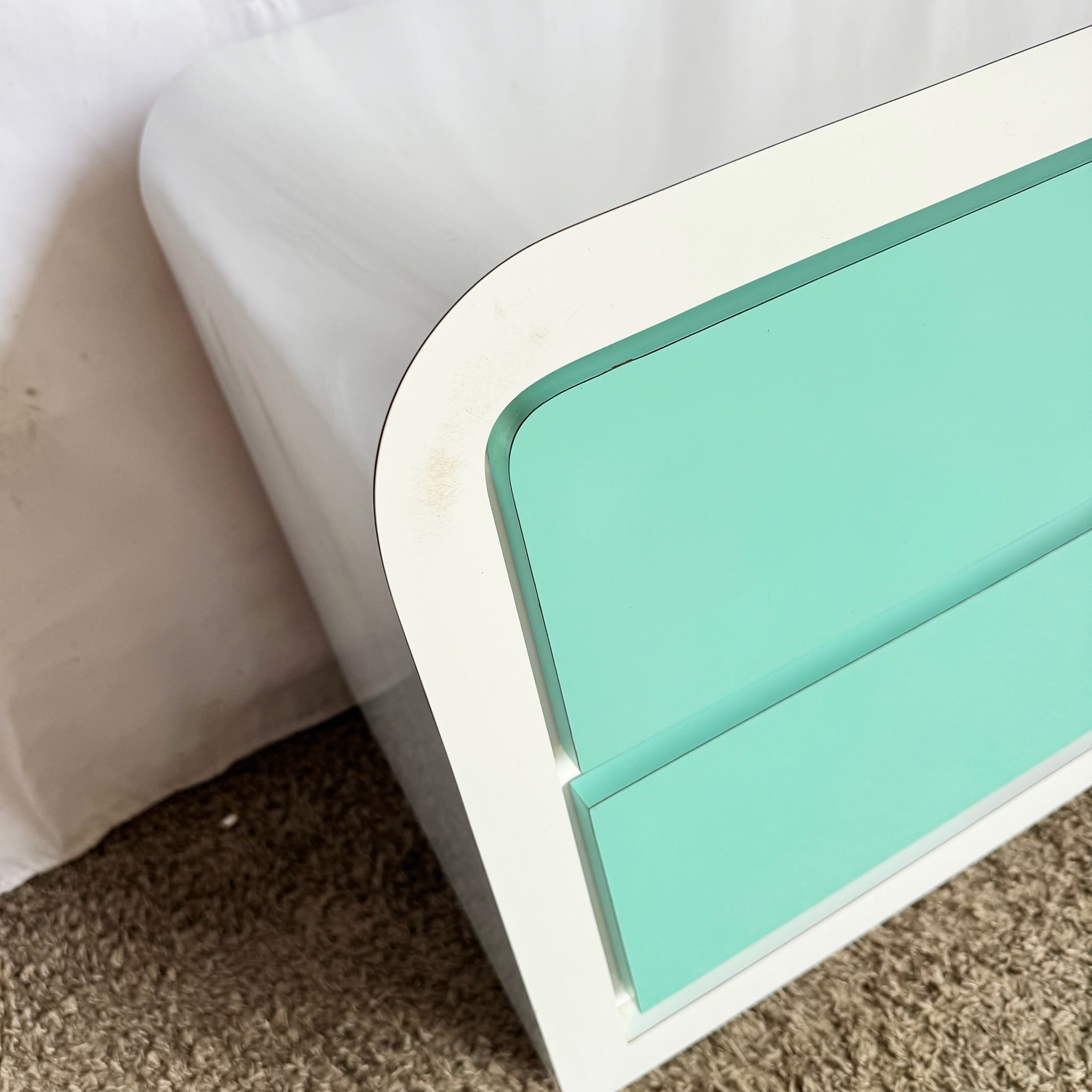 Postmodern White and Turquoise Lacquer Laminate Waterfall Nightstand