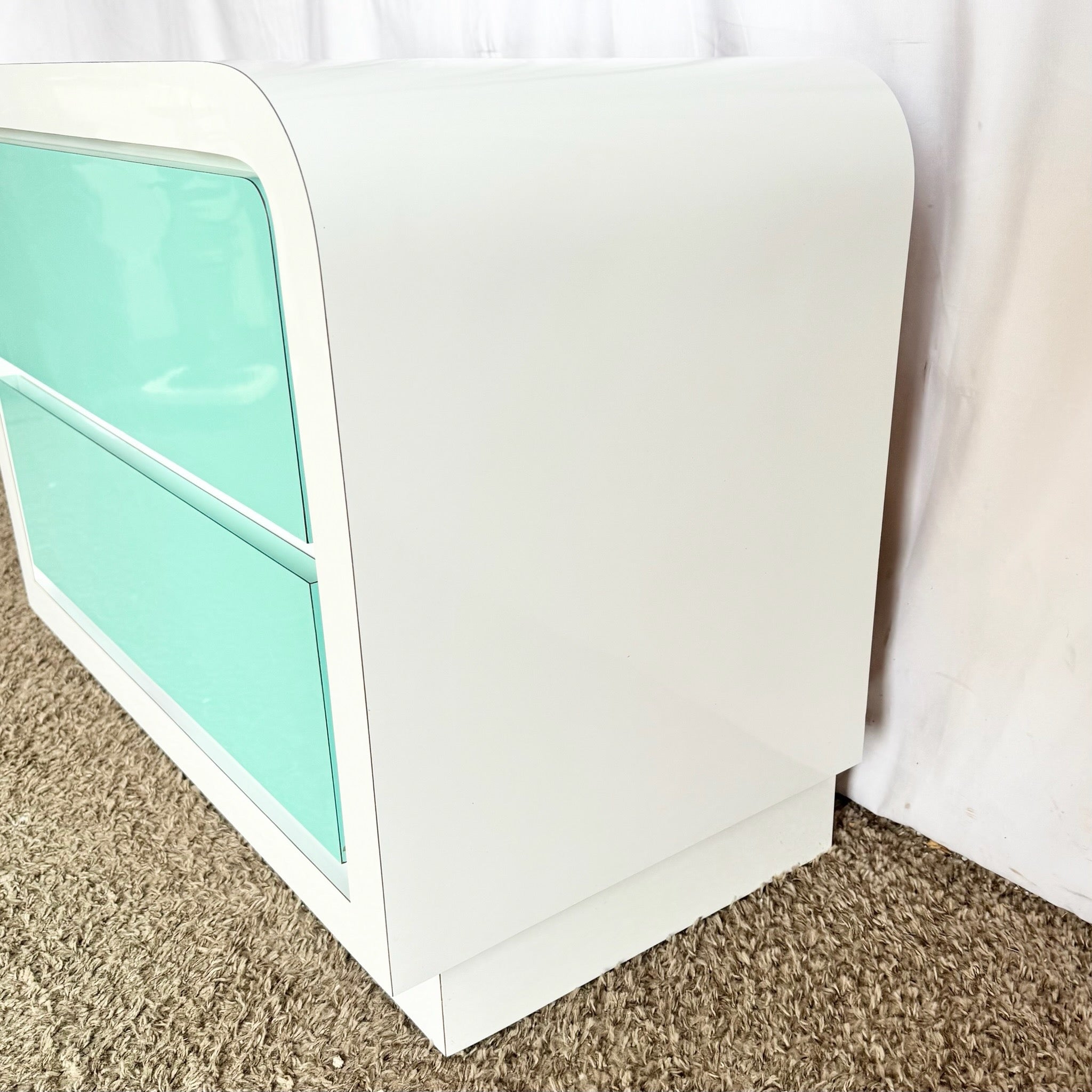 Postmodern White and Turquoise Lacquer Laminate Waterfall Nightstand