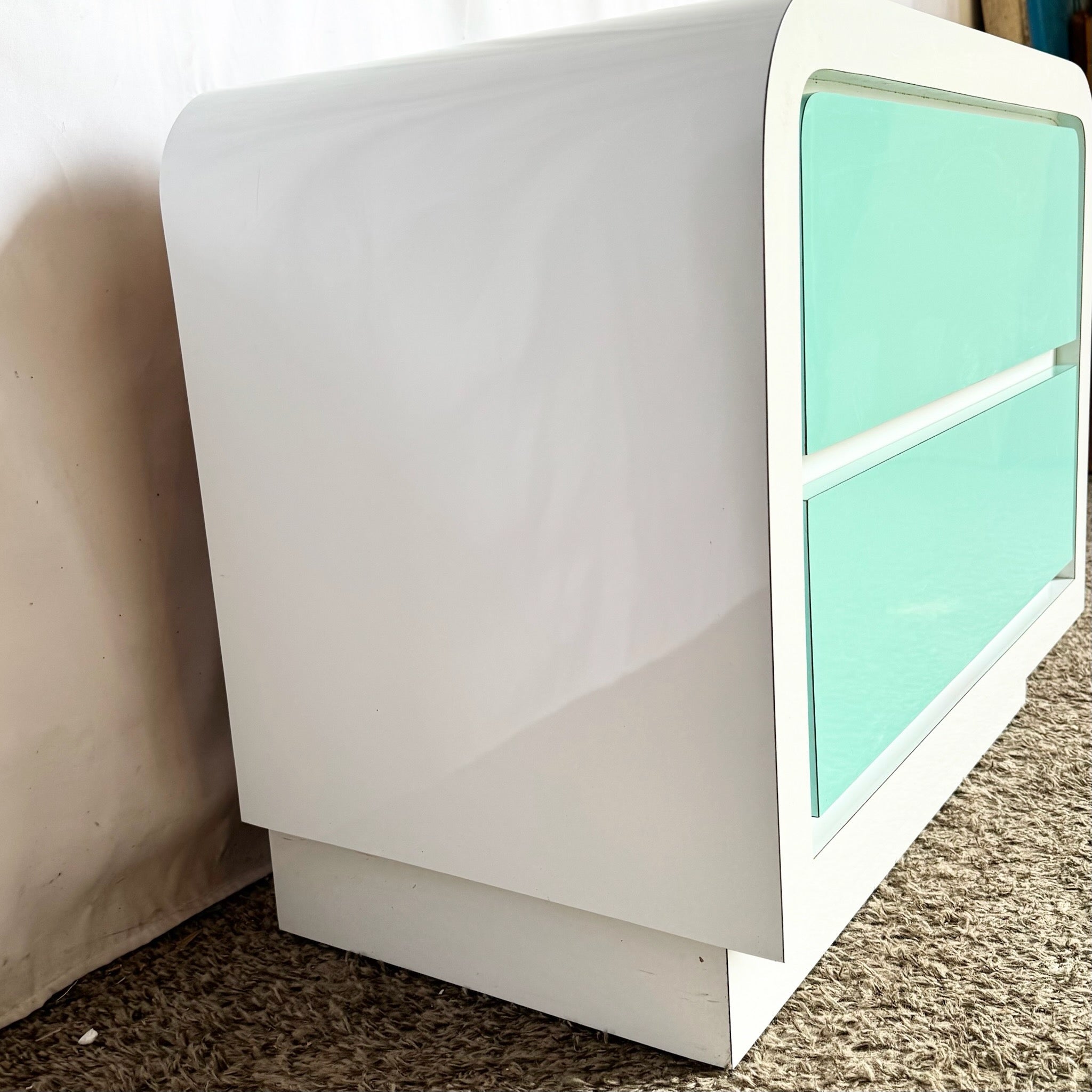 Postmodern White and Turquoise Lacquer Laminate Waterfall Nightstand