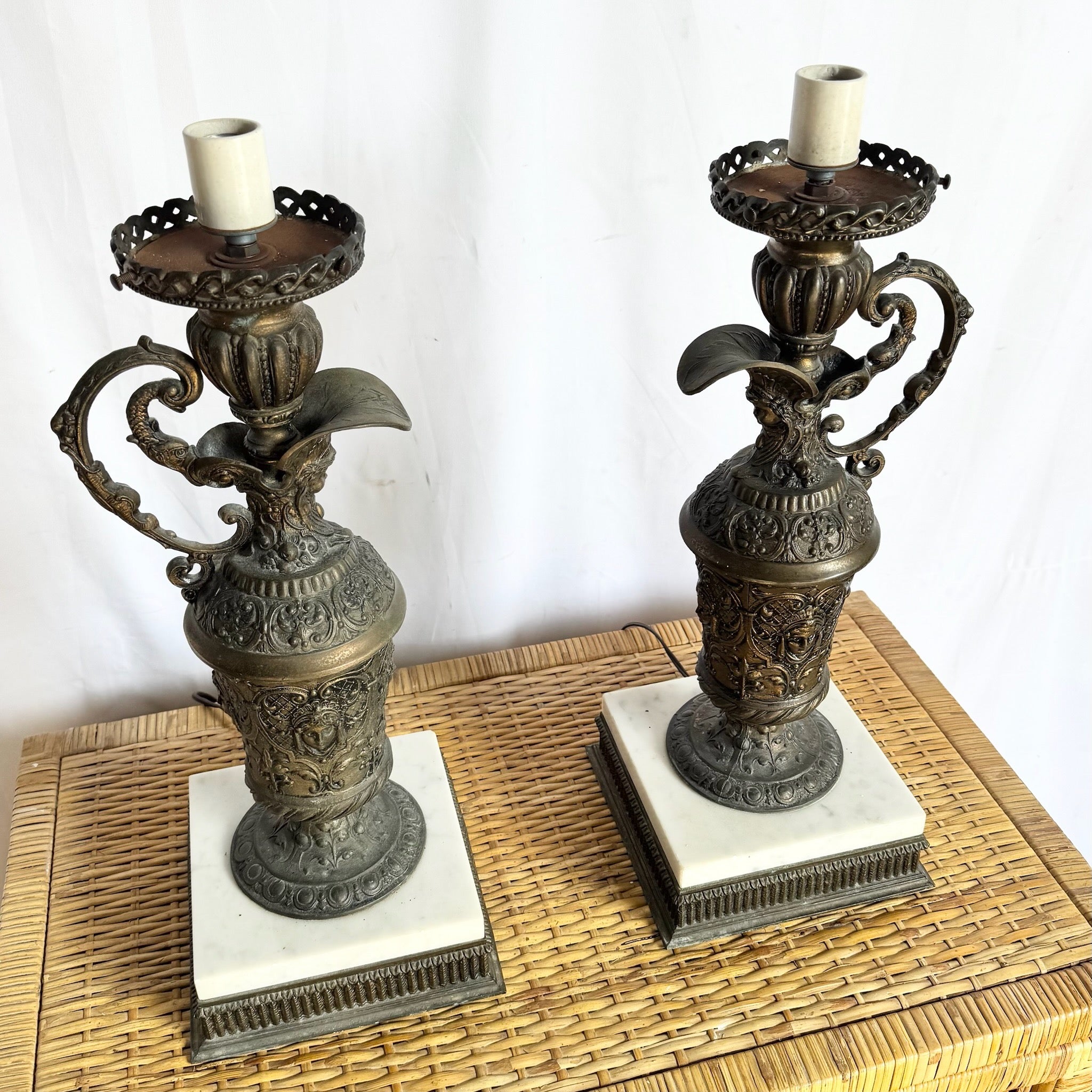 Antique French Bronze Ewer Converted Oil Lamps With Crystal Tops - A Pair