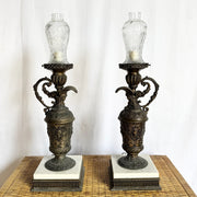 Antique French Bronze Ewer Converted Oil Lamps With Crystal Tops - A Pair