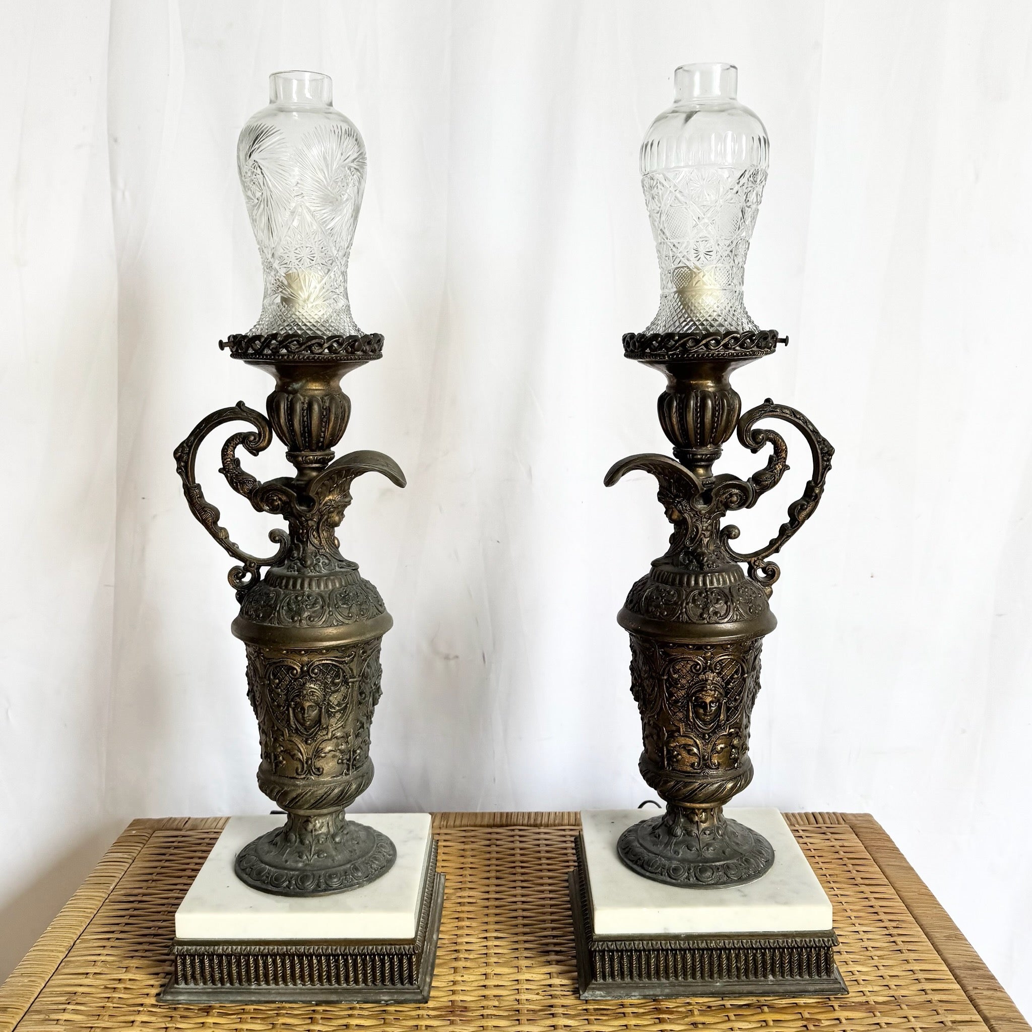 Antique French Bronze Ewer Converted Oil Lamps With Crystal Tops - A Pair
