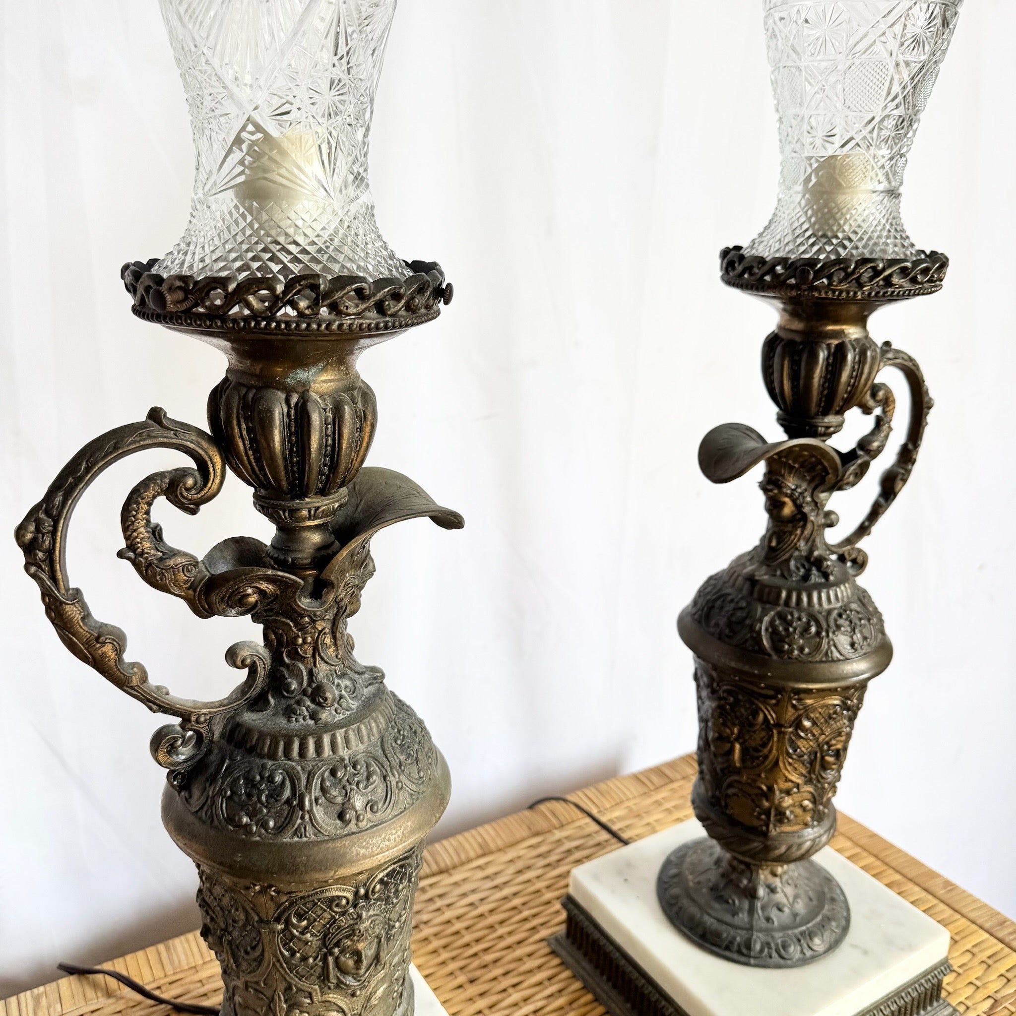 Antique French Bronze Ewer Converted Oil Lamps With Crystal Tops - A Pair