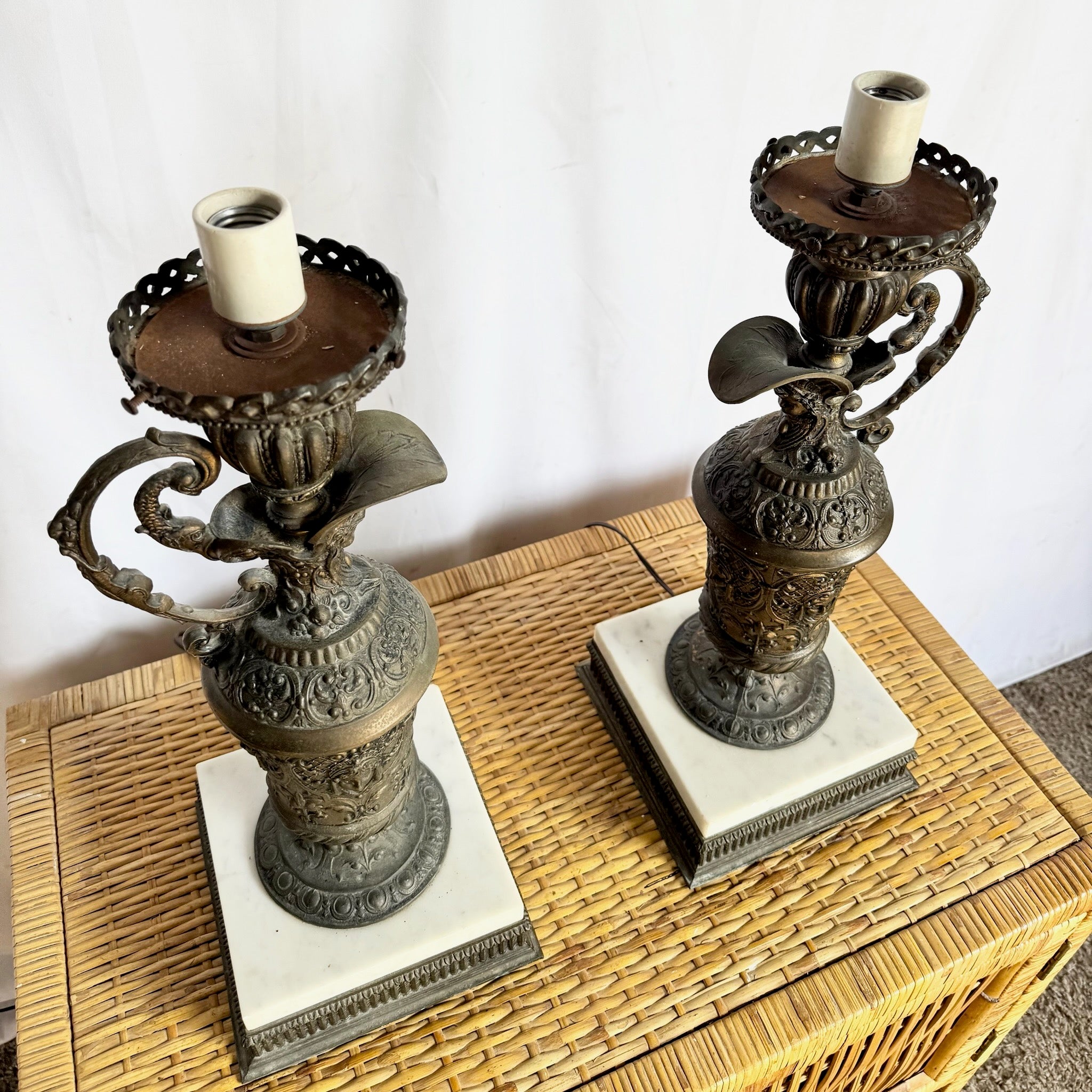 Antique French Bronze Ewer Converted Oil Lamps With Crystal Tops - A Pair