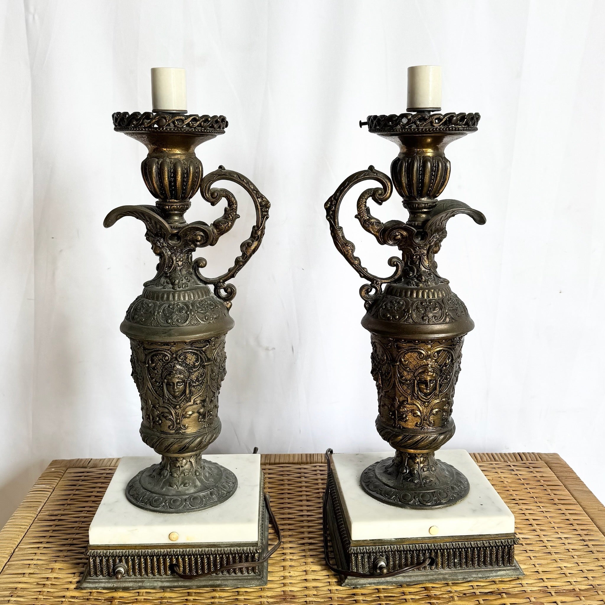 Antique French Bronze Ewer Converted Oil Lamps With Crystal Tops - A Pair
