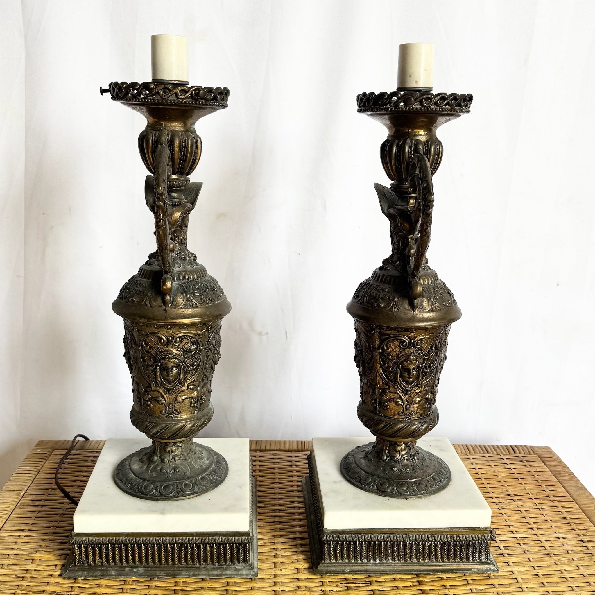 Antique French Bronze Ewer Converted Oil Lamps With Crystal Tops - A Pair