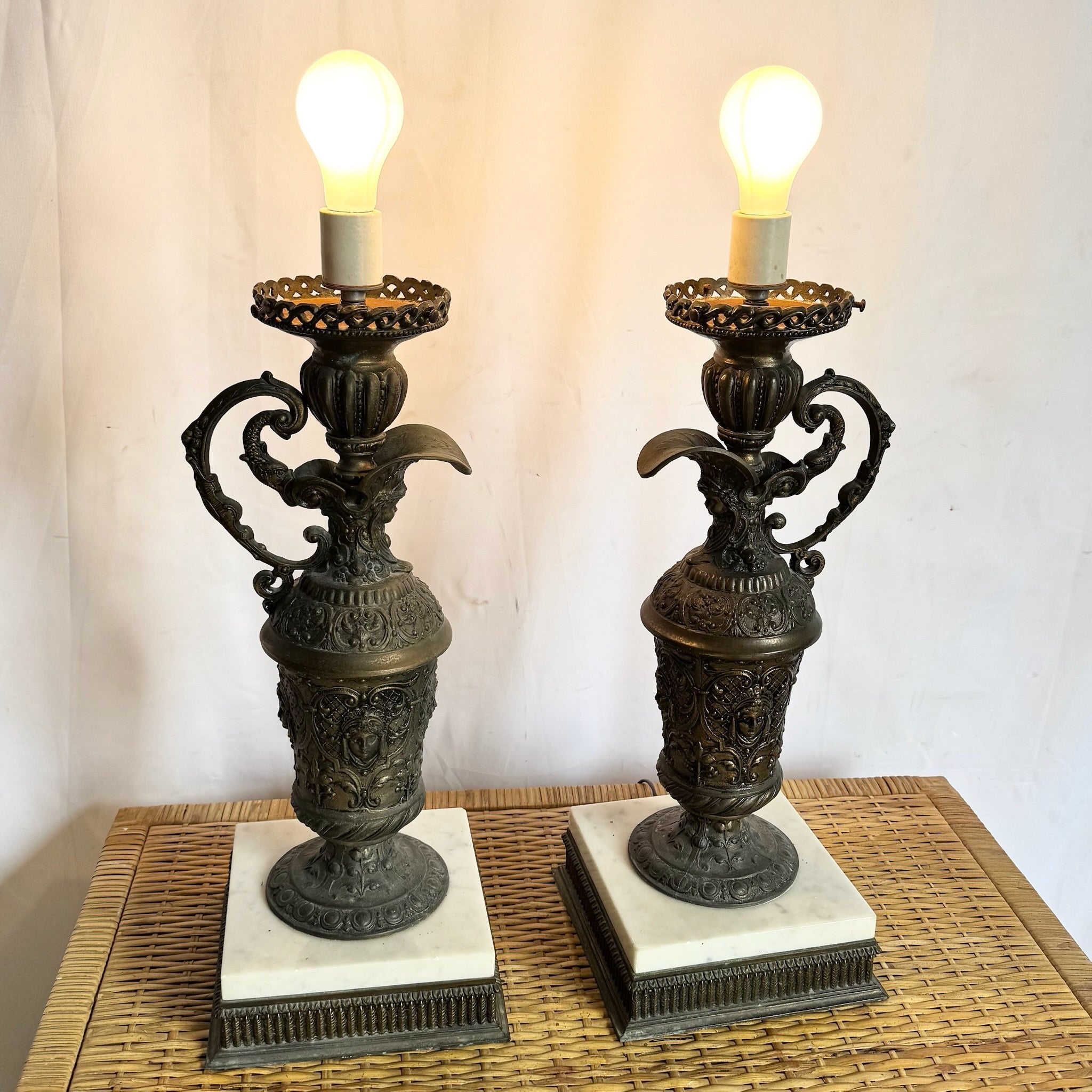 Antique French Bronze Ewer Converted Oil Lamps With Crystal Tops - A Pair