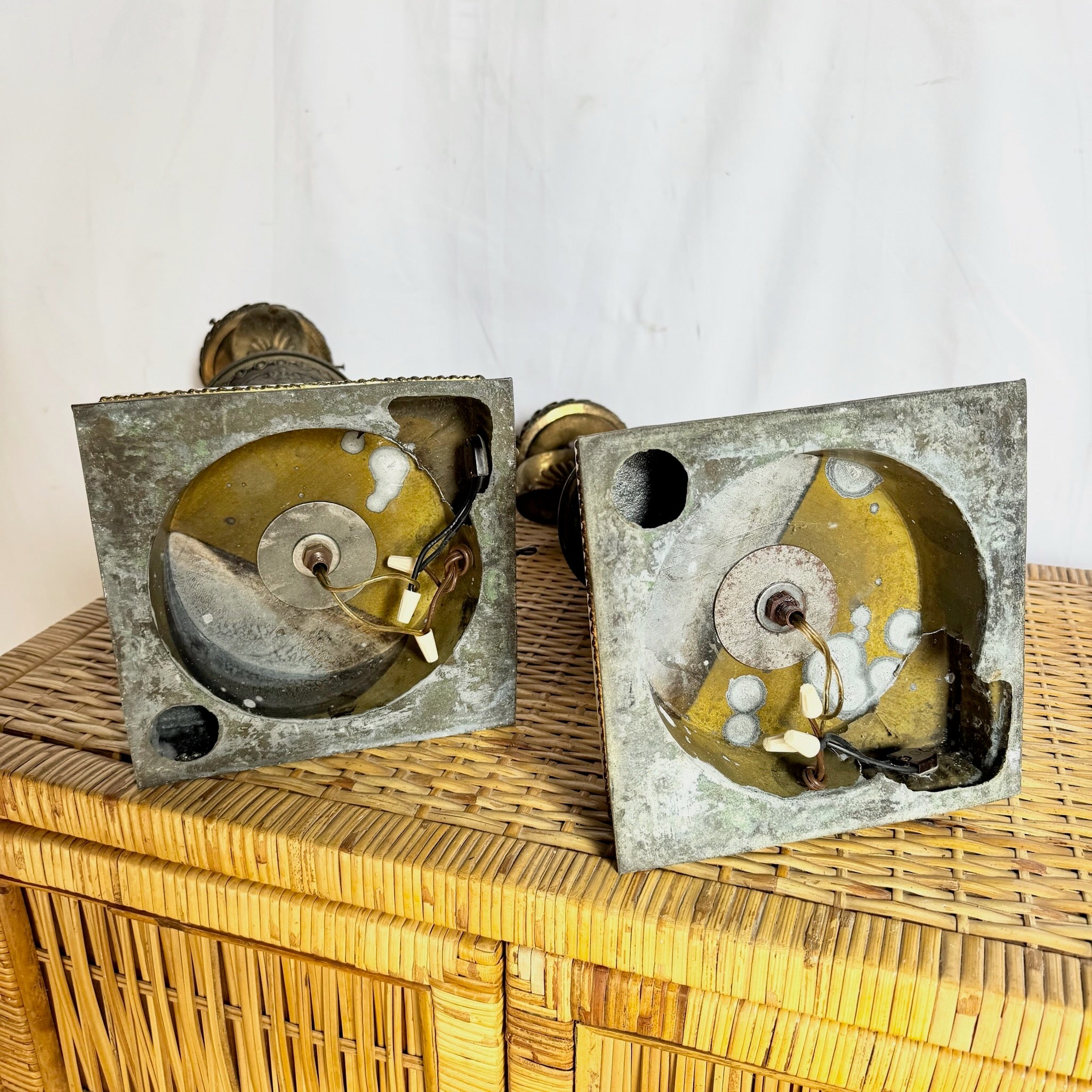 Antique French Bronze Ewer Converted Oil Lamps With Crystal Tops - A Pair