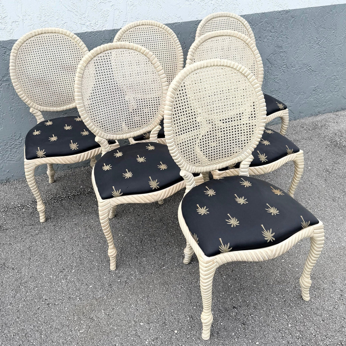 Vintage French Provincial Carved Wood Cane Back Dining Chairs - Set of 6 Dolphin & Flamingo