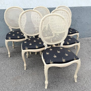 Vintage French Provincial Carved Wood Cane Back Dining Chairs - Set of 6 Dolphin & Flamingo
