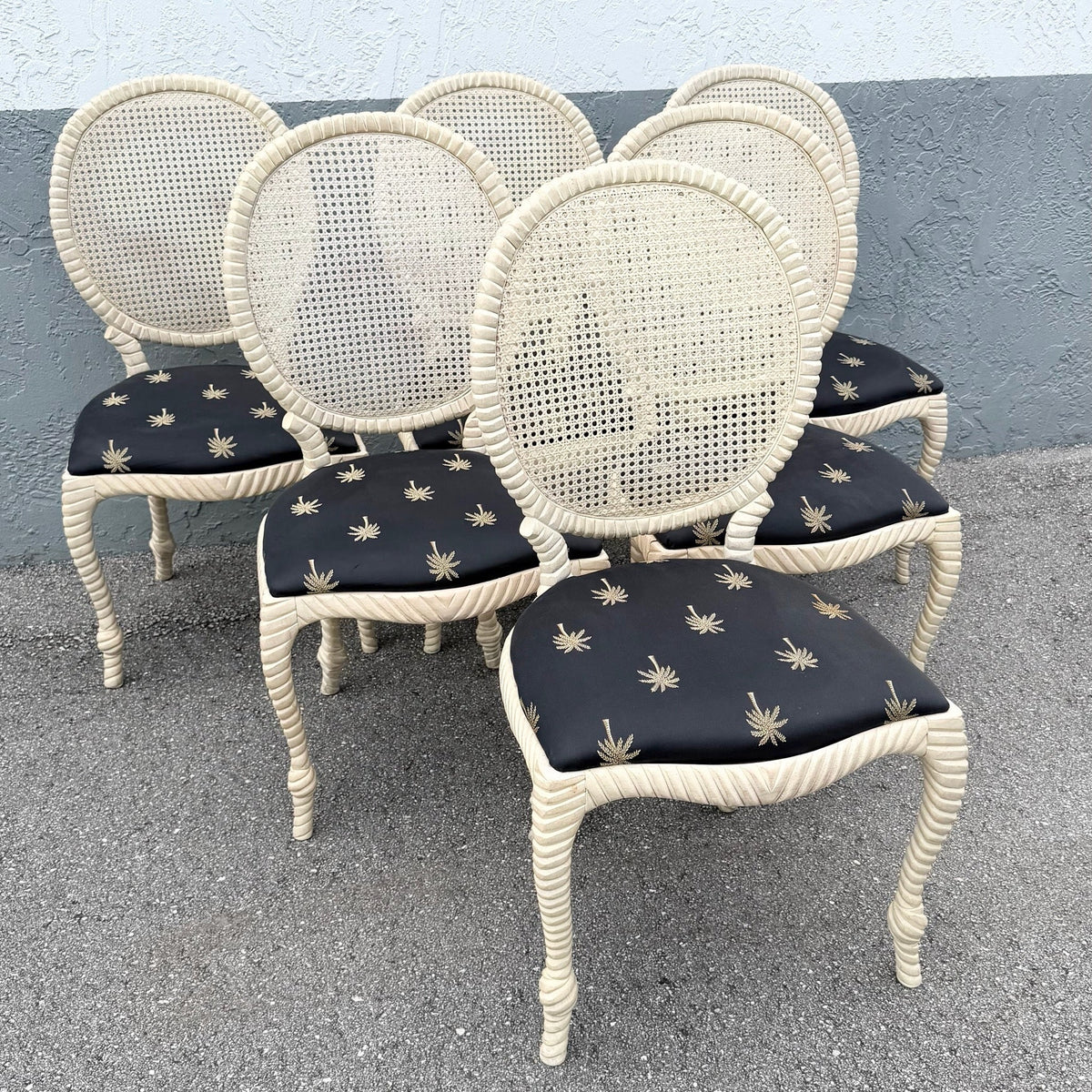 Vintage French Provincial Carved Wood Cane Back Dining Chairs - Set of 6 Dolphin & Flamingo
