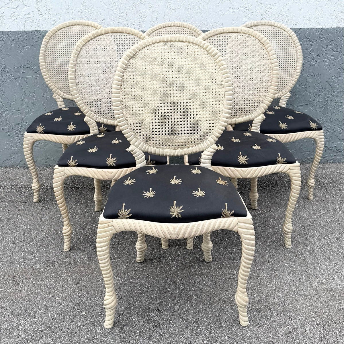 Vintage French Provincial Carved Wood Cane Back Dining Chairs - Set of 6 Dolphin & Flamingo