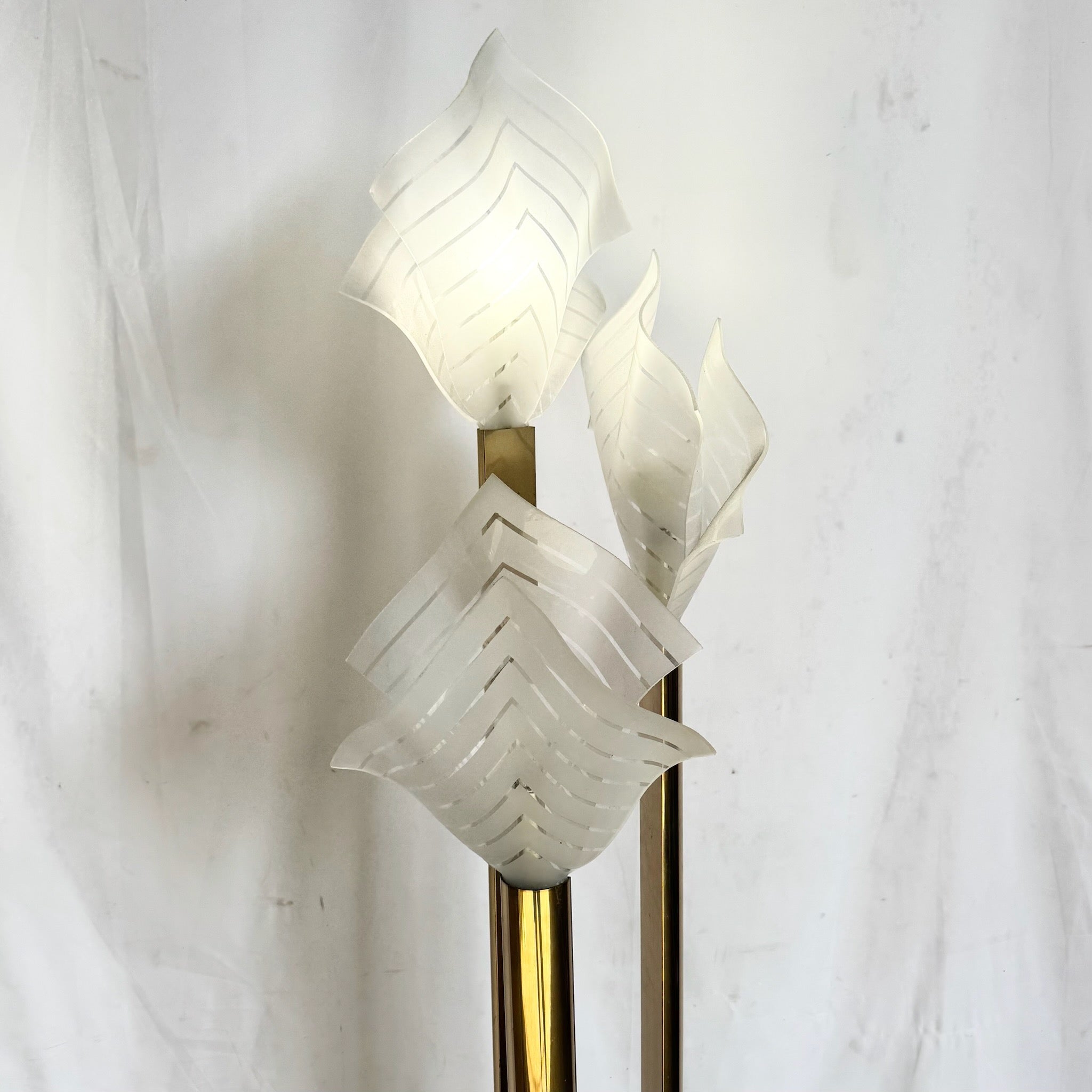 Art Deco Sculptural Acrylic and Brass Torchiere Floor Lamp With Calla Lily-Inspired Shades