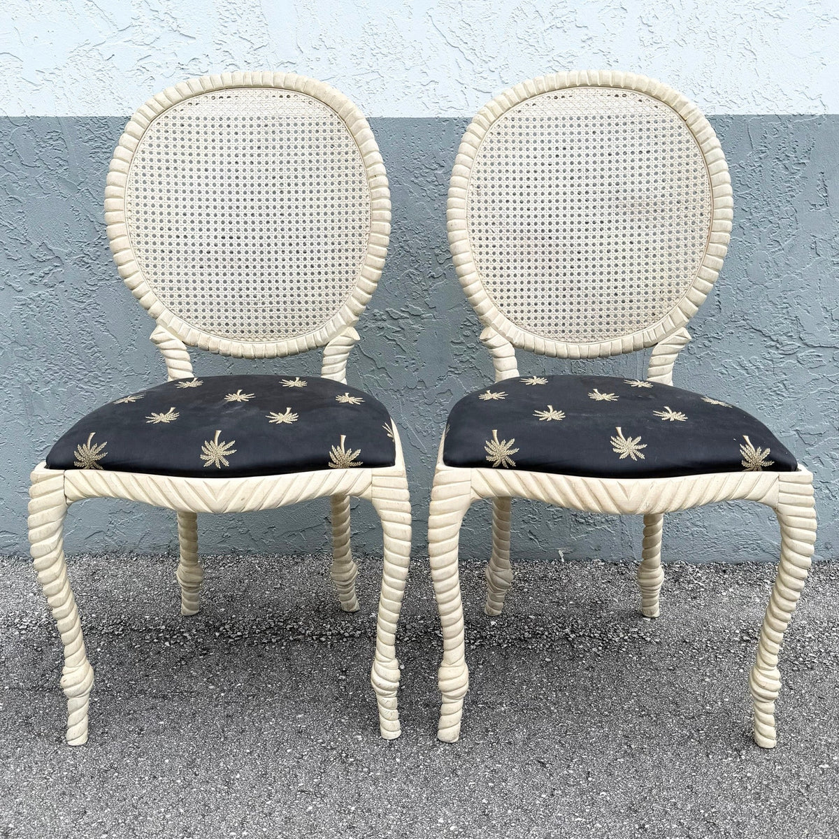Vintage French Provincial Carved Wood Cane Back Dining Chairs - Set of 6 Dolphin & Flamingo