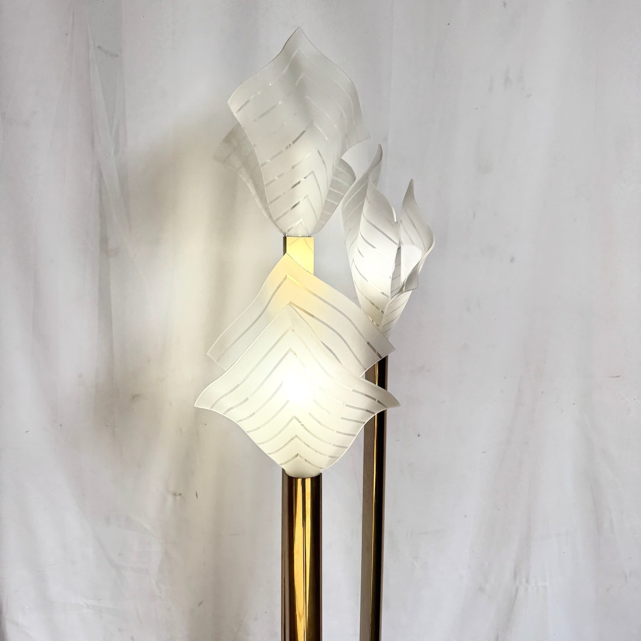 Art Deco Sculptural Acrylic and Brass Torchiere Floor Lamp With Calla Lily-Inspired Shades