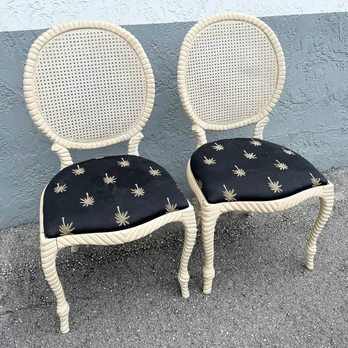 Vintage French Provincial Carved Wood Cane Back Dining Chairs - Set of 6 Dolphin & Flamingo