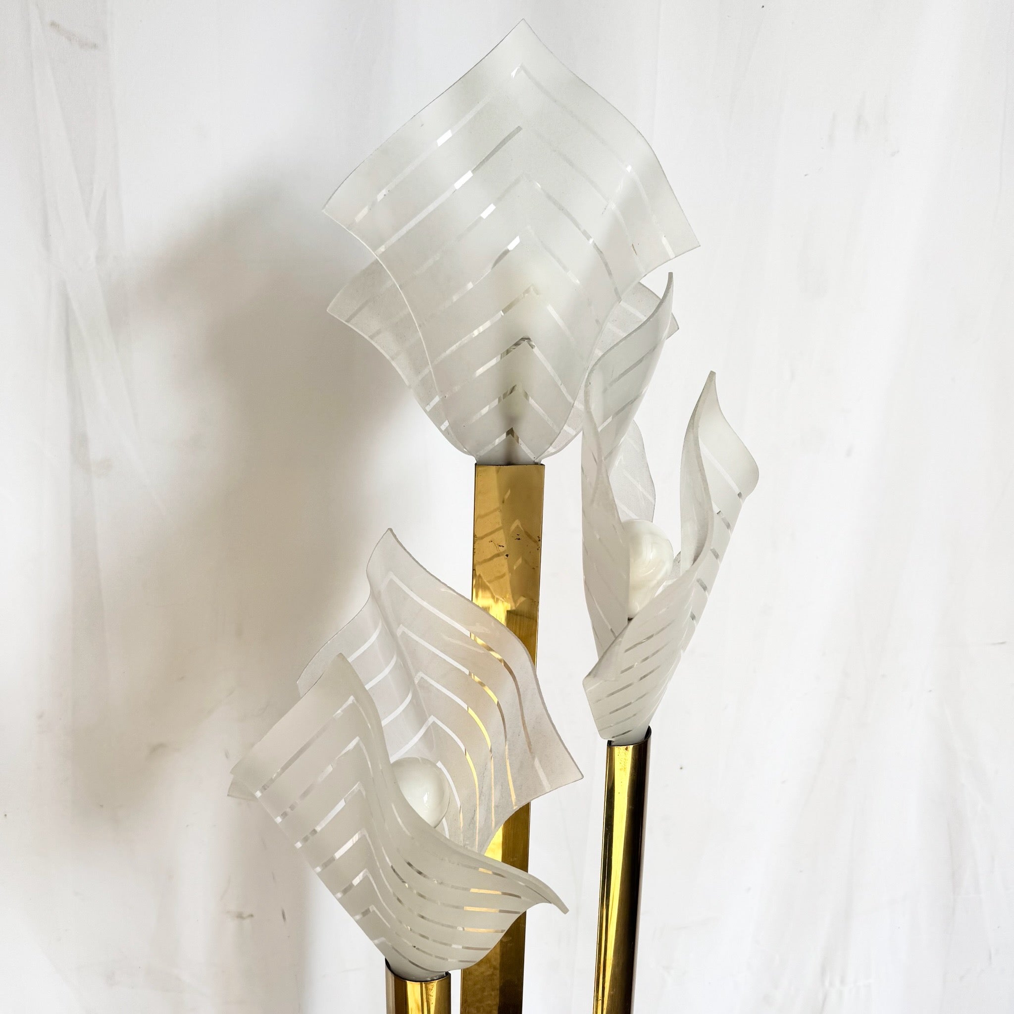 Art Deco Sculptural Acrylic and Brass Torchiere Floor Lamp With Calla Lily-Inspired Shades
