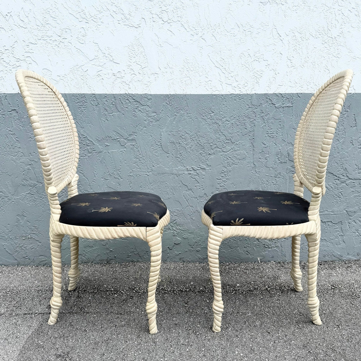 Vintage French Provincial Carved Wood Cane Back Dining Chairs - Set of 6 Dolphin & Flamingo