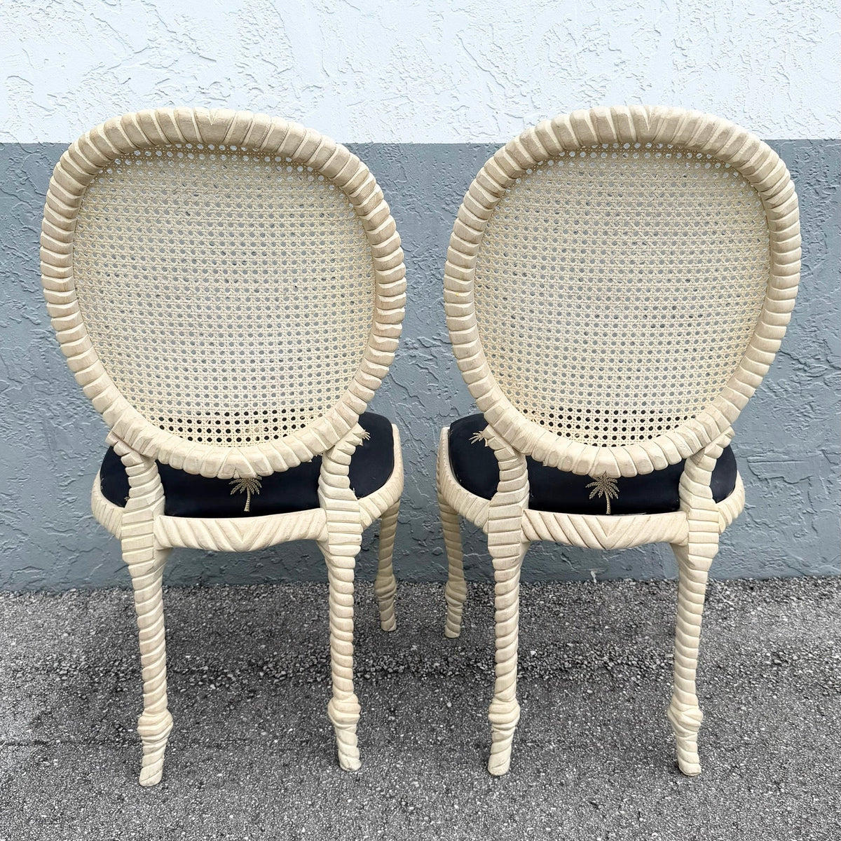 Vintage French Provincial Carved Wood Cane Back Dining Chairs - Set of 6 Dolphin & Flamingo