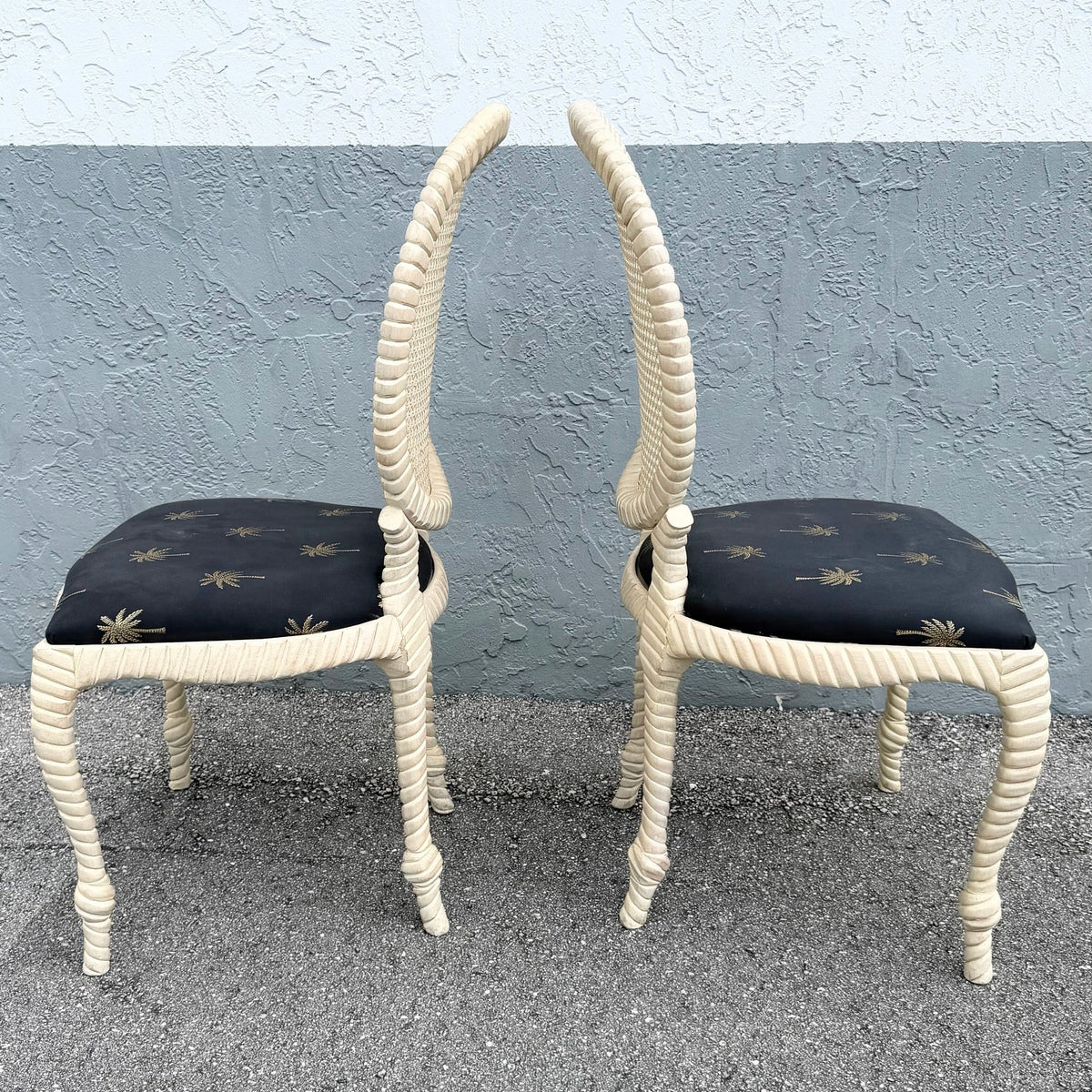 Vintage French Provincial Carved Wood Cane Back Dining Chairs - Set of 6 Dolphin & Flamingo