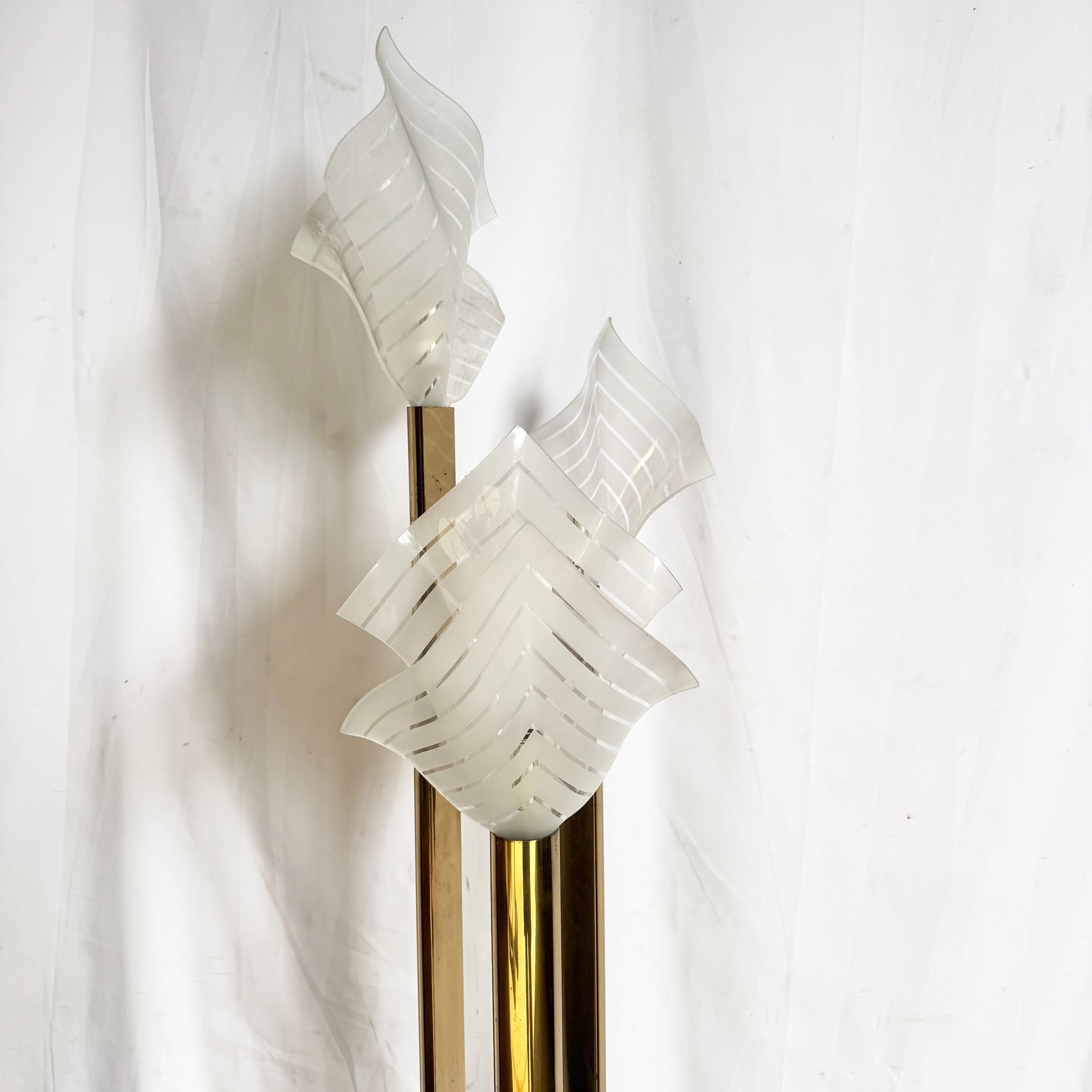 Art Deco Sculptural Acrylic and Brass Torchiere Floor Lamp With Calla Lily-Inspired Shades