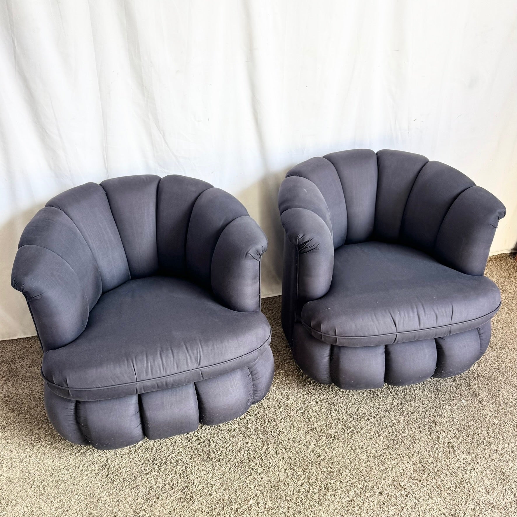 Postmodern Black Clam Shells Swivel Lounge Chairs - A Pair