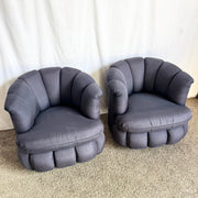 Postmodern Black Clam Shells Swivel Lounge Chairs - A Pair