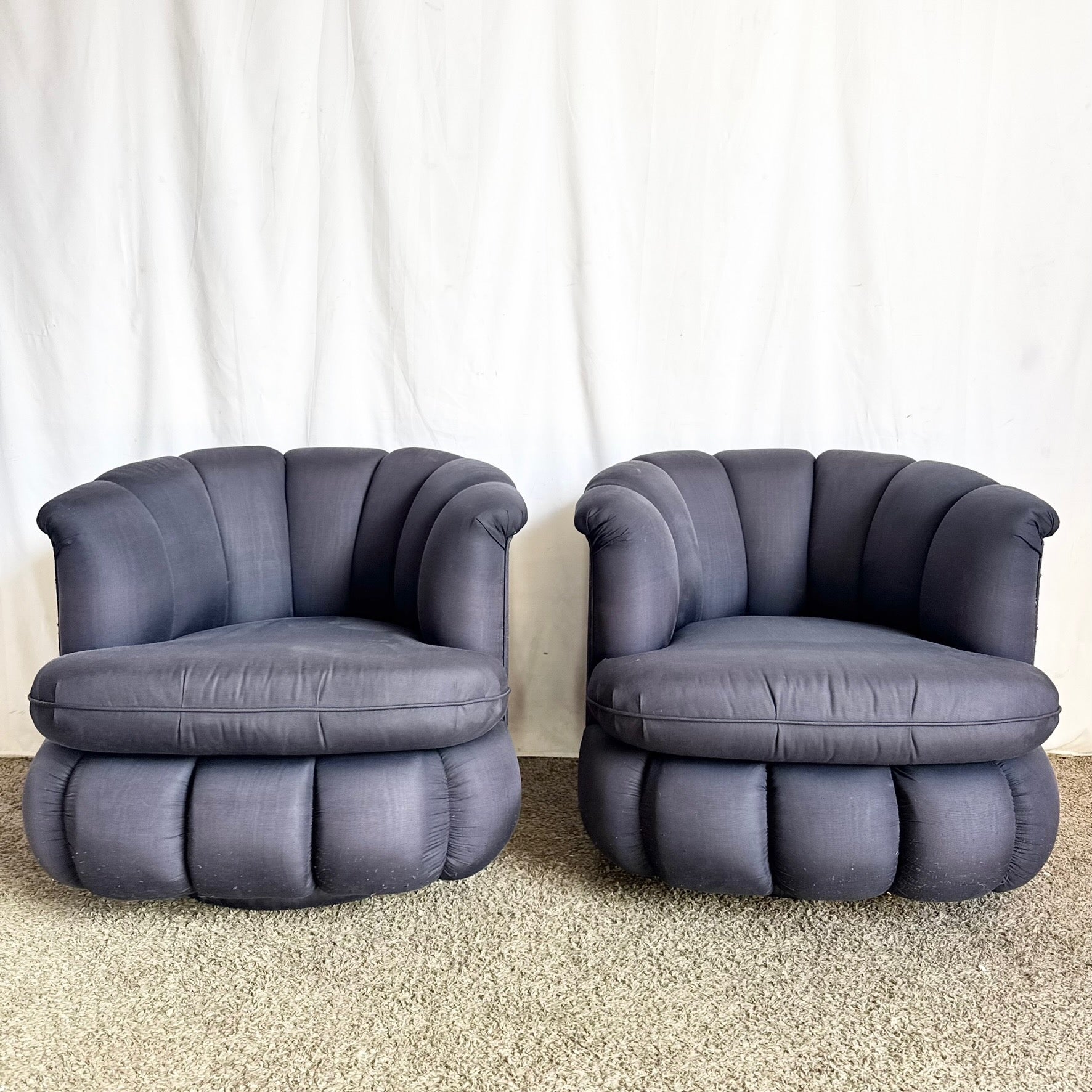 Postmodern Black Clam Shells Swivel Lounge Chairs - A Pair
