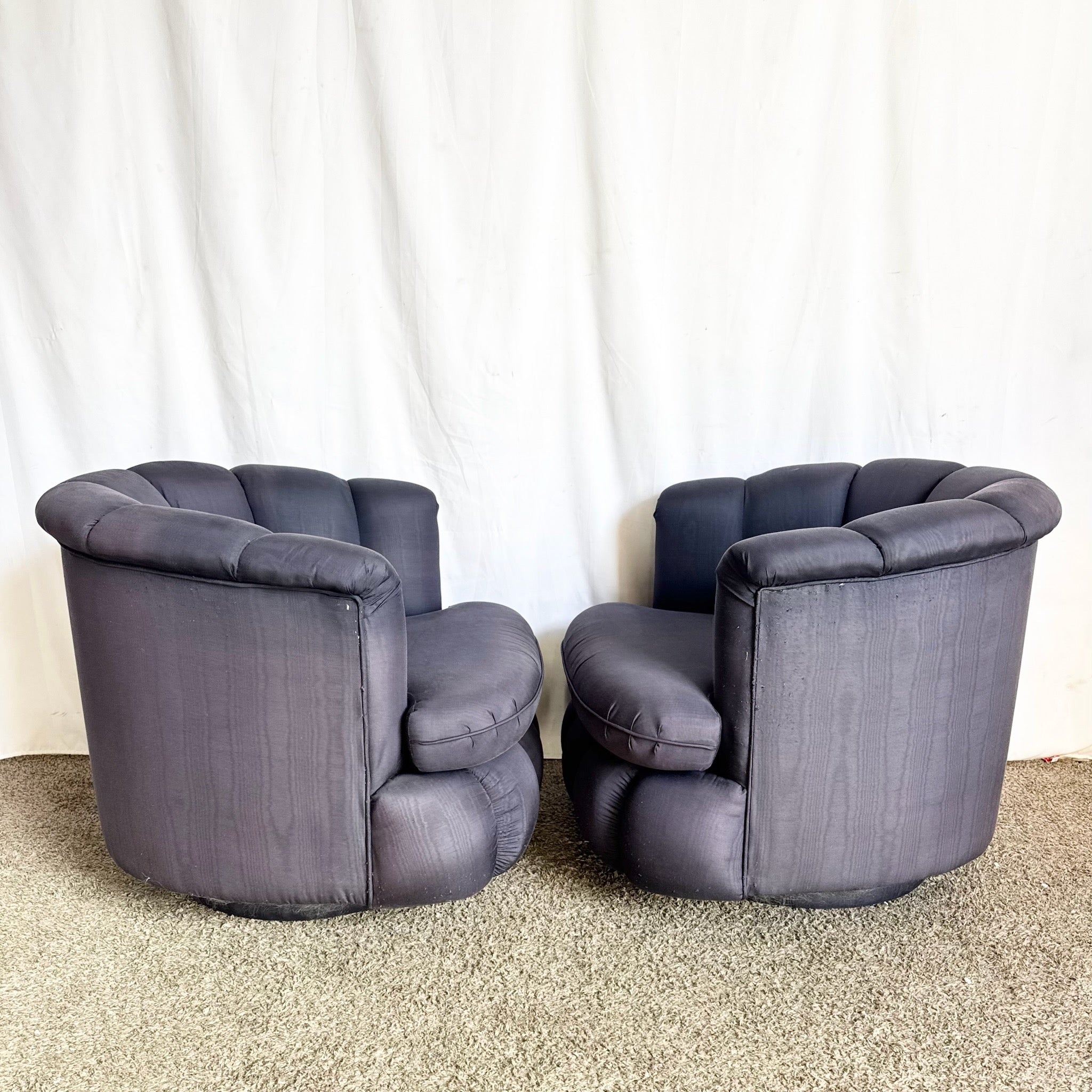Postmodern Black Clam Shells Swivel Lounge Chairs - A Pair